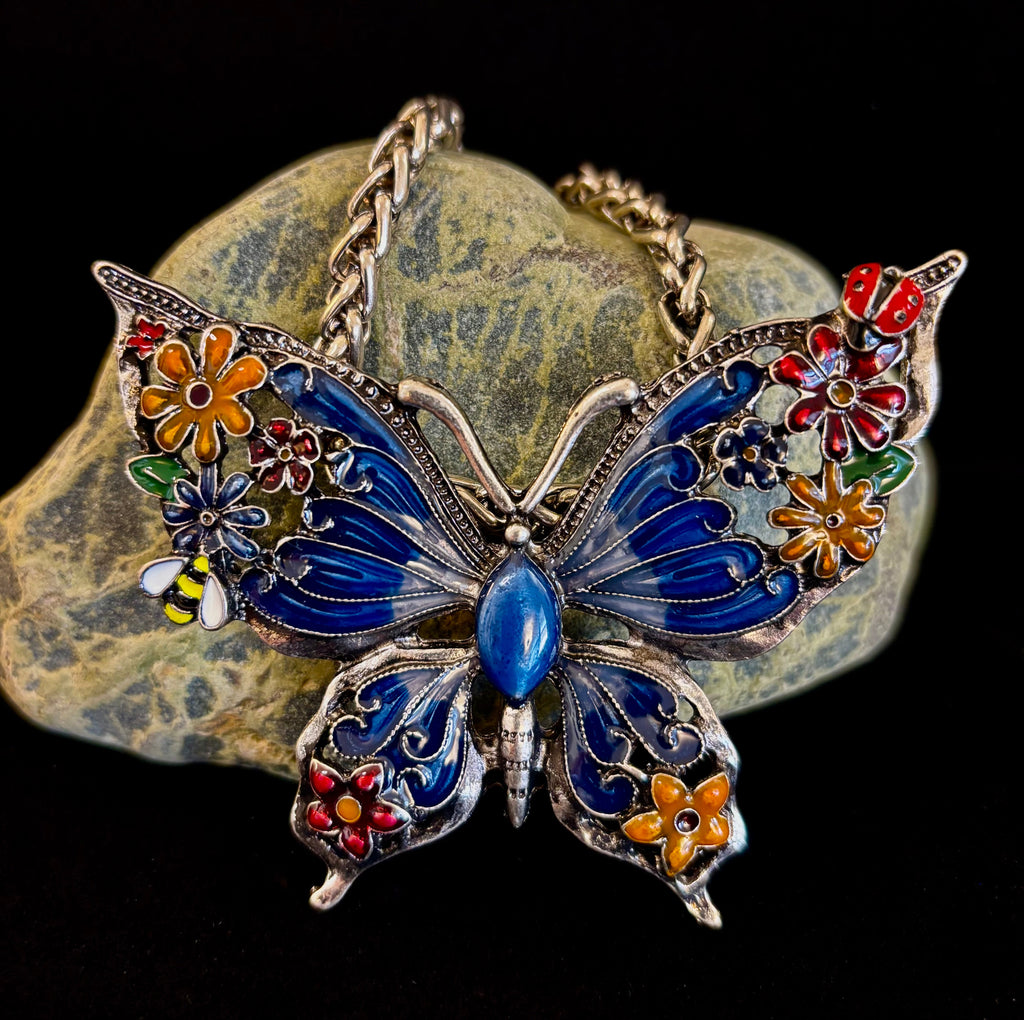 Statement Butterfly Necklace – Bold Enamel Butterfly Pendant in Purple or Blue