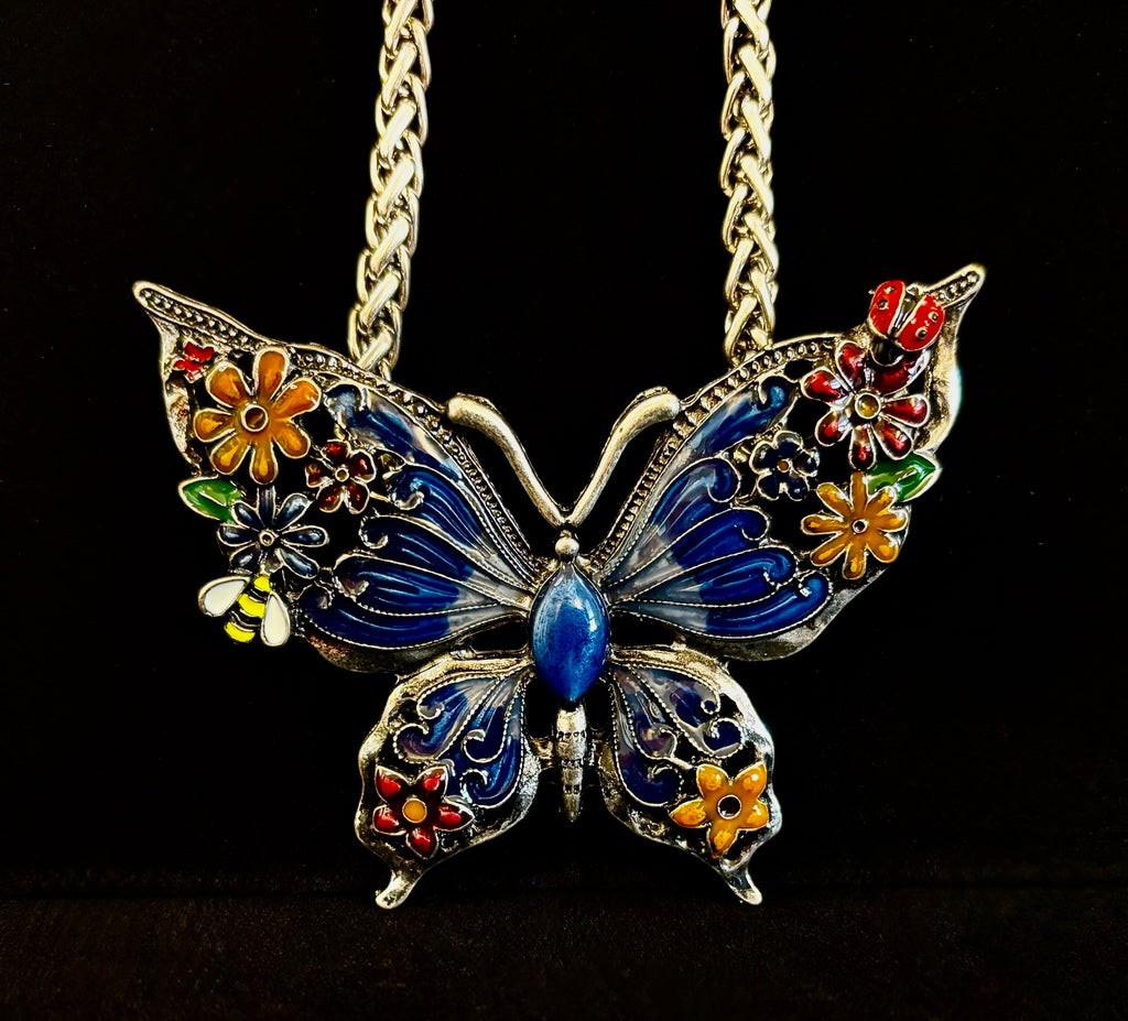 Statement Butterfly Necklace – Bold Enamel Butterfly Pendant in Purple or Blue