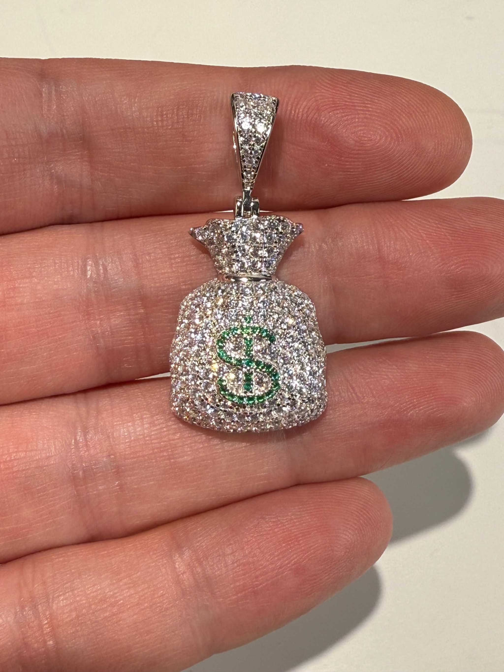 925 Silver Gold Plated Money Bag Dollar Sign Iced Pendant Emoji CZ Hip Hop