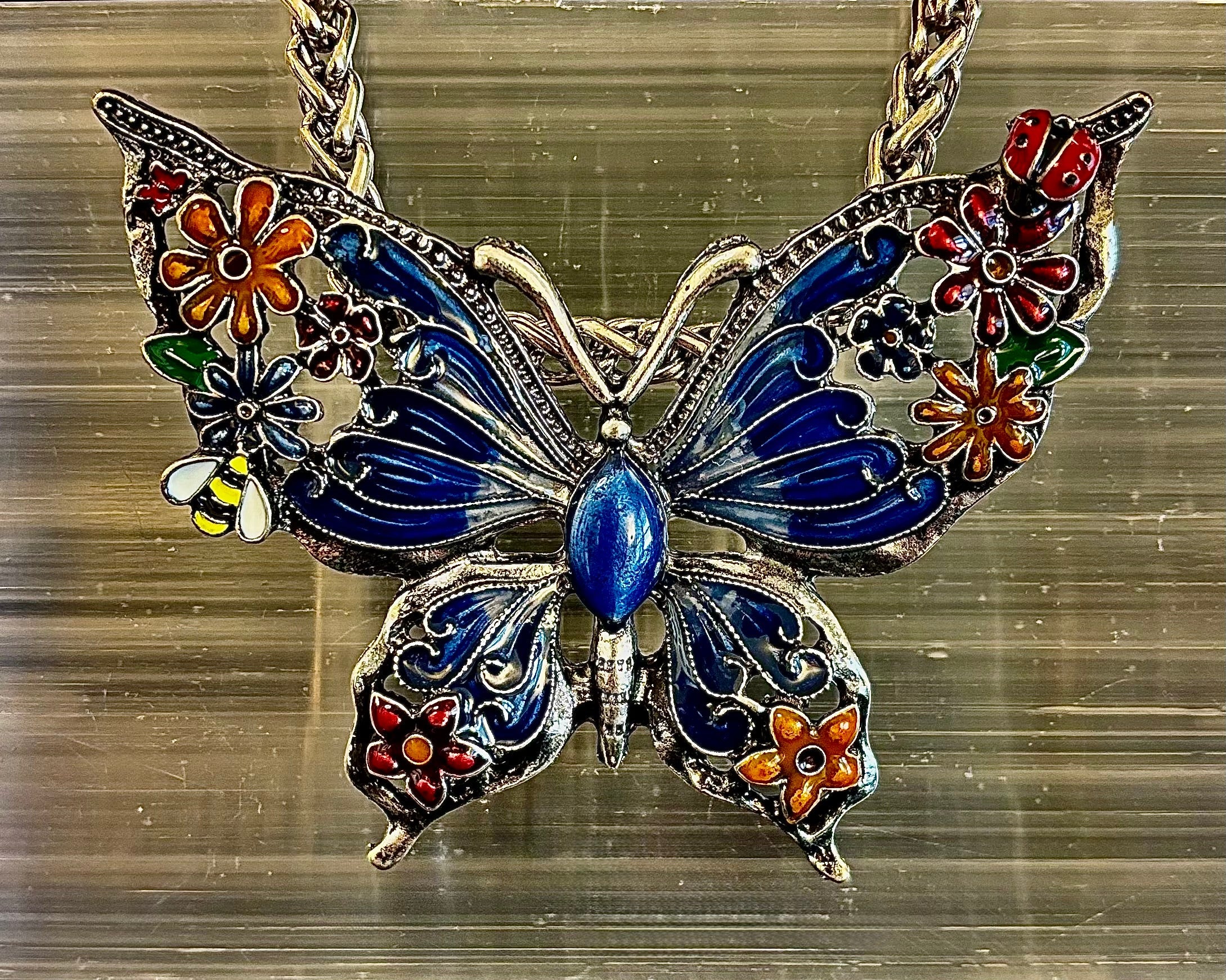 Statement Butterfly Necklace – Bold Enamel Butterfly Pendant in Purple or Blue
