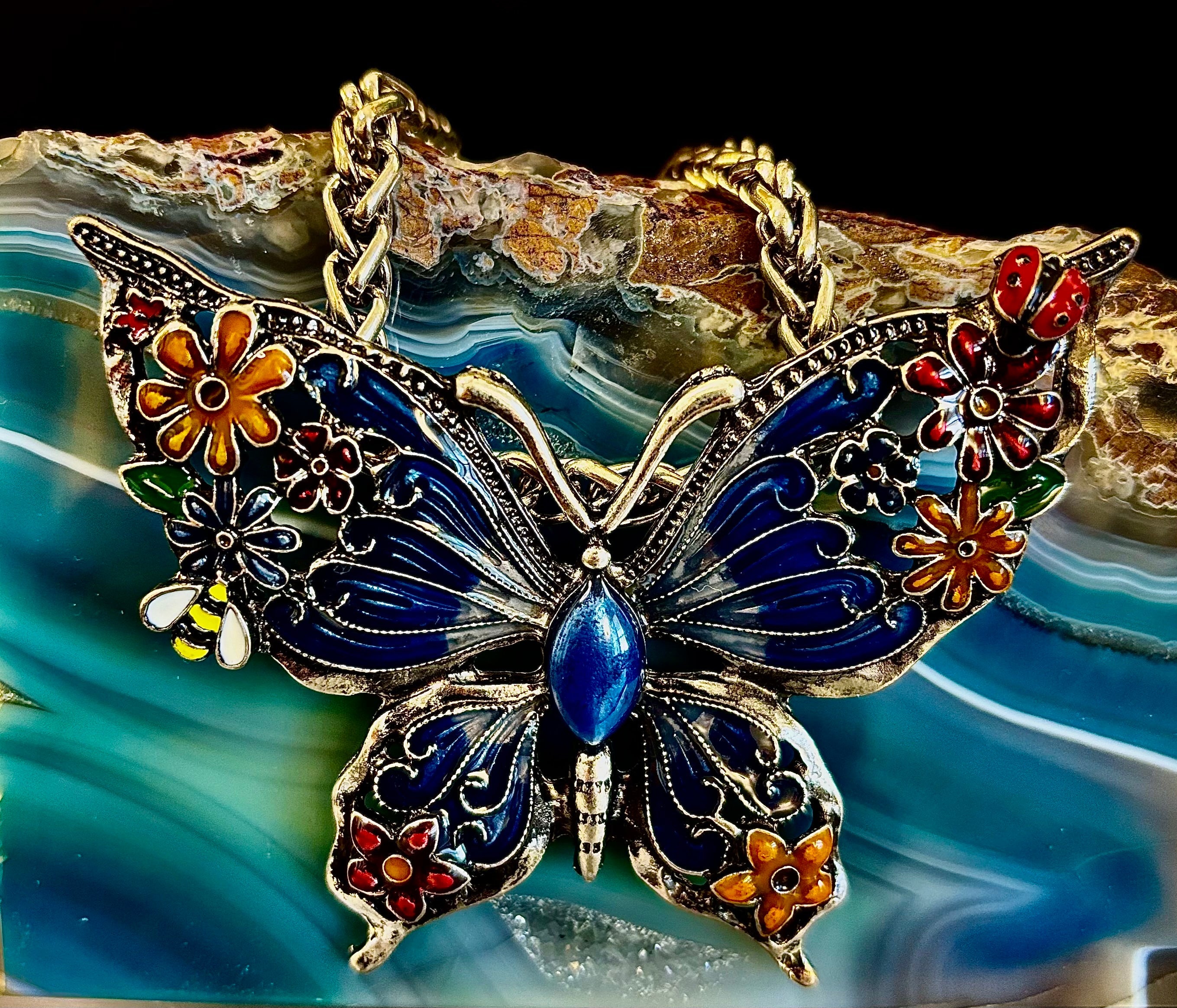 Statement Butterfly Necklace – Bold Enamel Butterfly Pendant in Purple or Blue