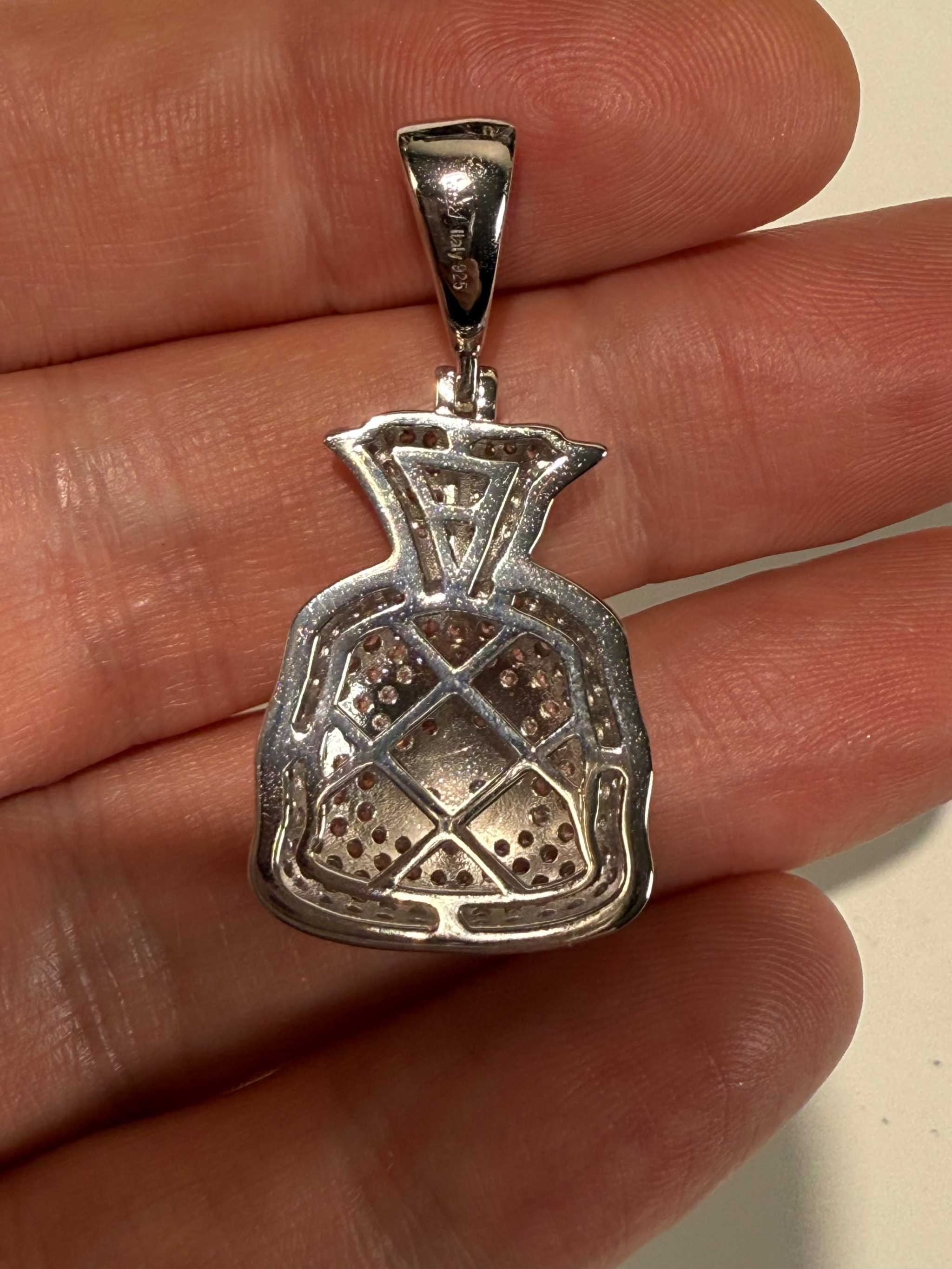 925 Silver Gold Plated Money Bag Dollar Sign Iced Pendant Emoji CZ Hip Hop