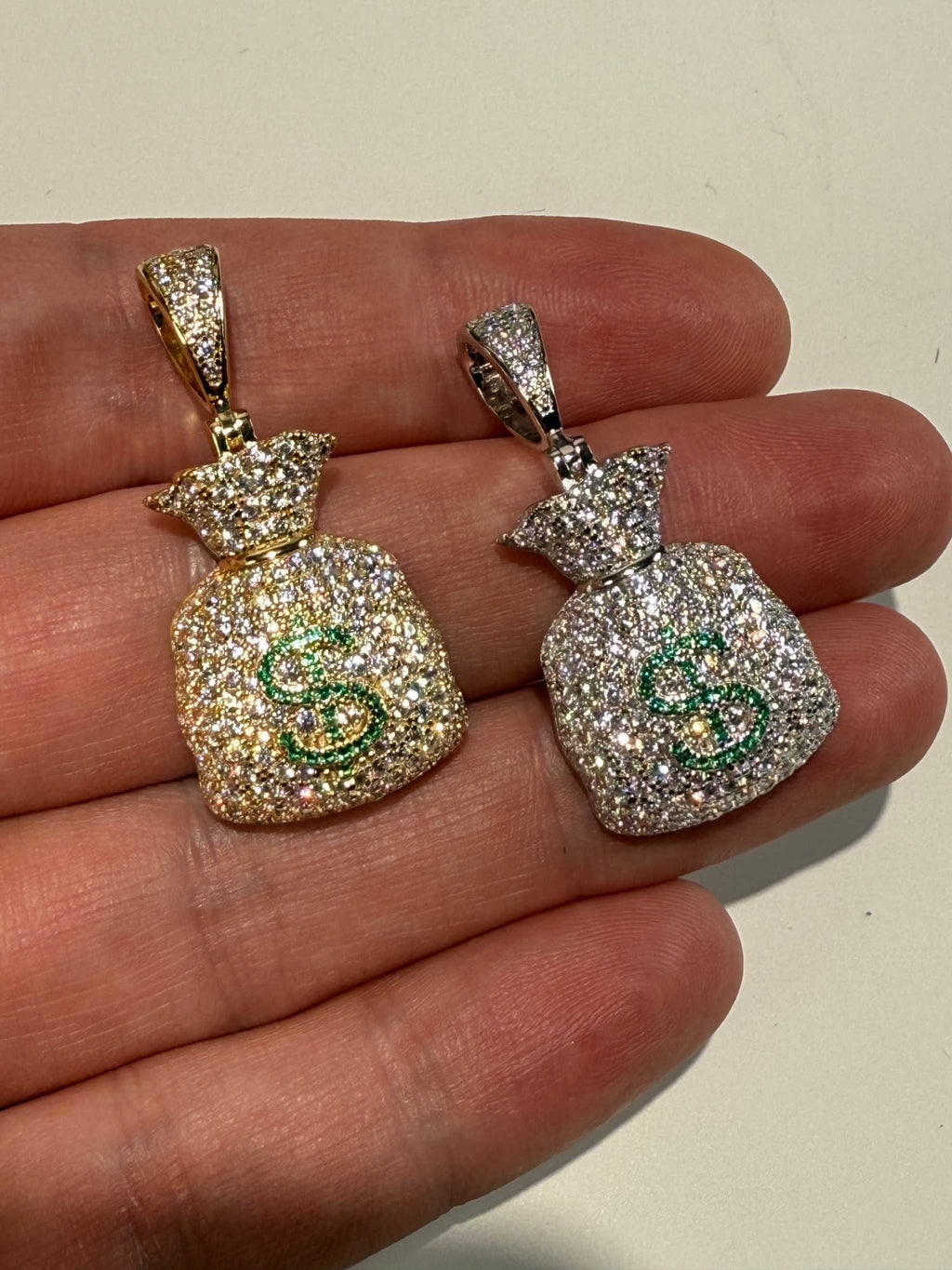 925 Silver Gold Plated Money Bag Dollar Sign Iced Pendant Emoji CZ Hip Hop