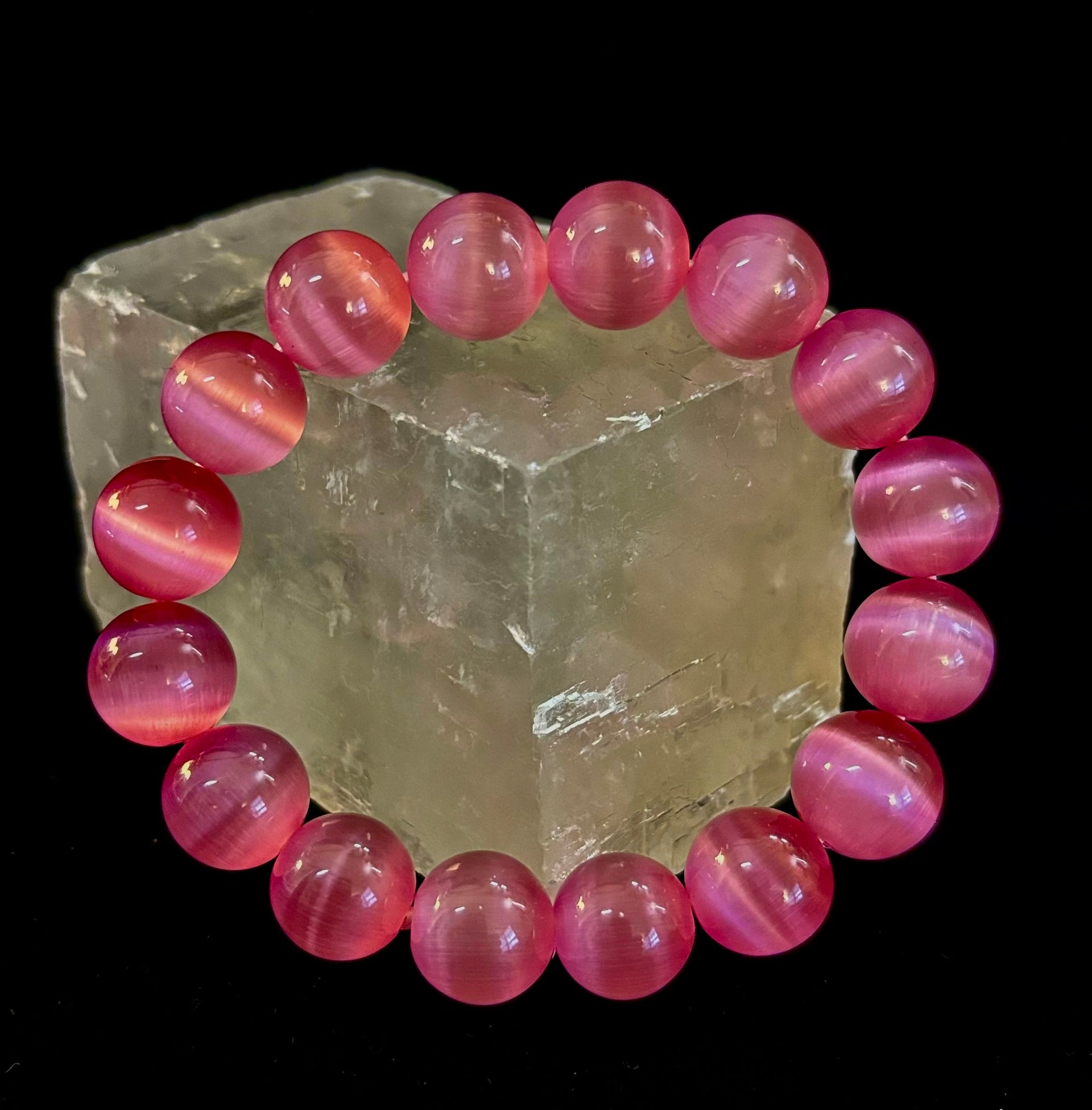 Pink Cat Eye Stone Bracelet (12mm Beads) – Bold Glow Statement Bracelet