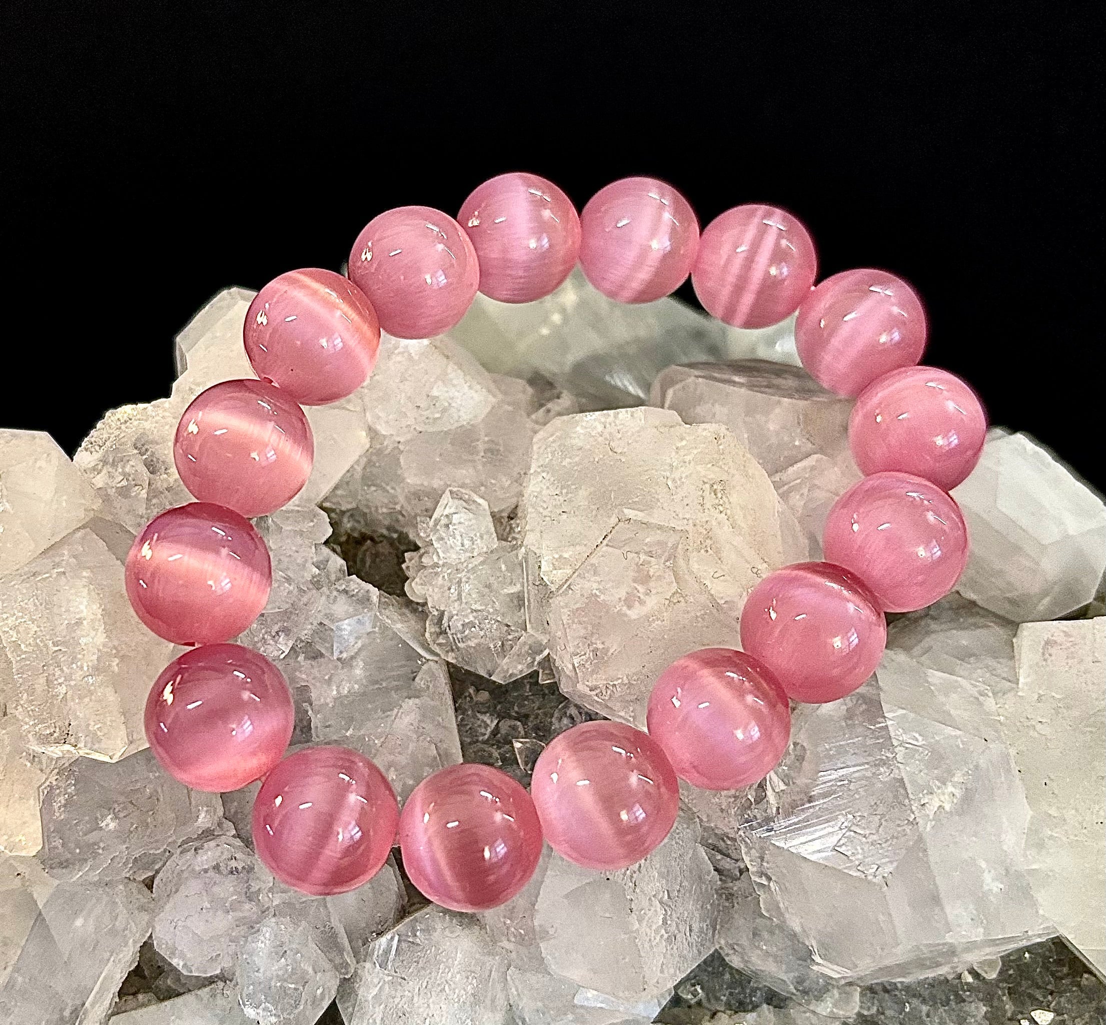 Pink Cat Eye Stone Bracelet (12mm Beads) – Bold Glow Statement Bracelet