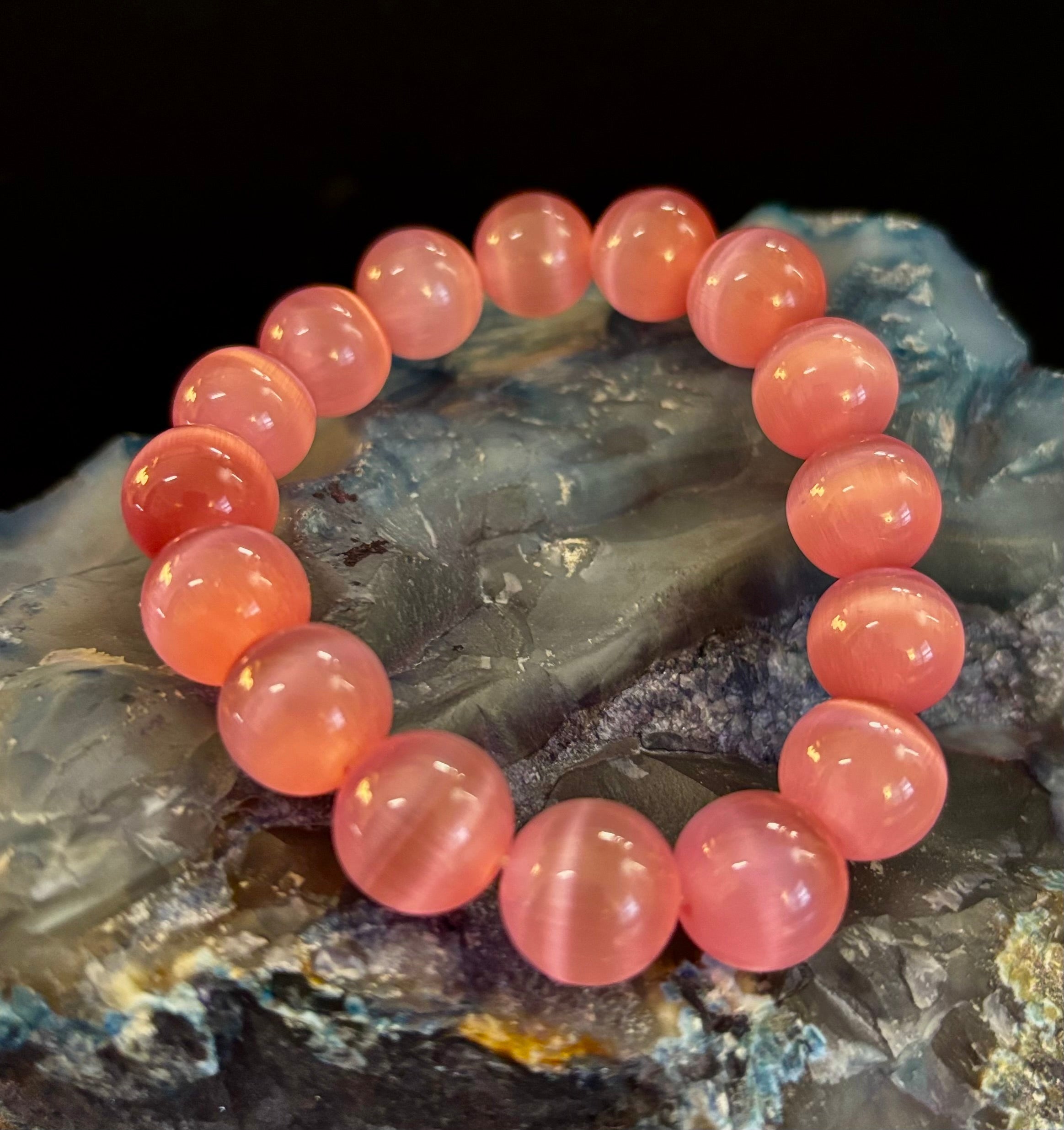 Pink Cat Eye Stone Bracelet (12mm Beads) – Bold Glow Statement Bracelet
