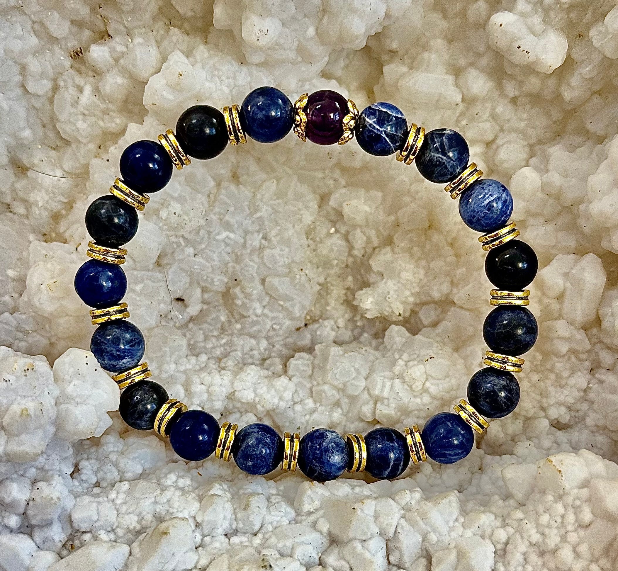 Reiki-Infused ANXIETY SUPPORT Bracelet – Sodalite & Amethyst with Gold Accents
