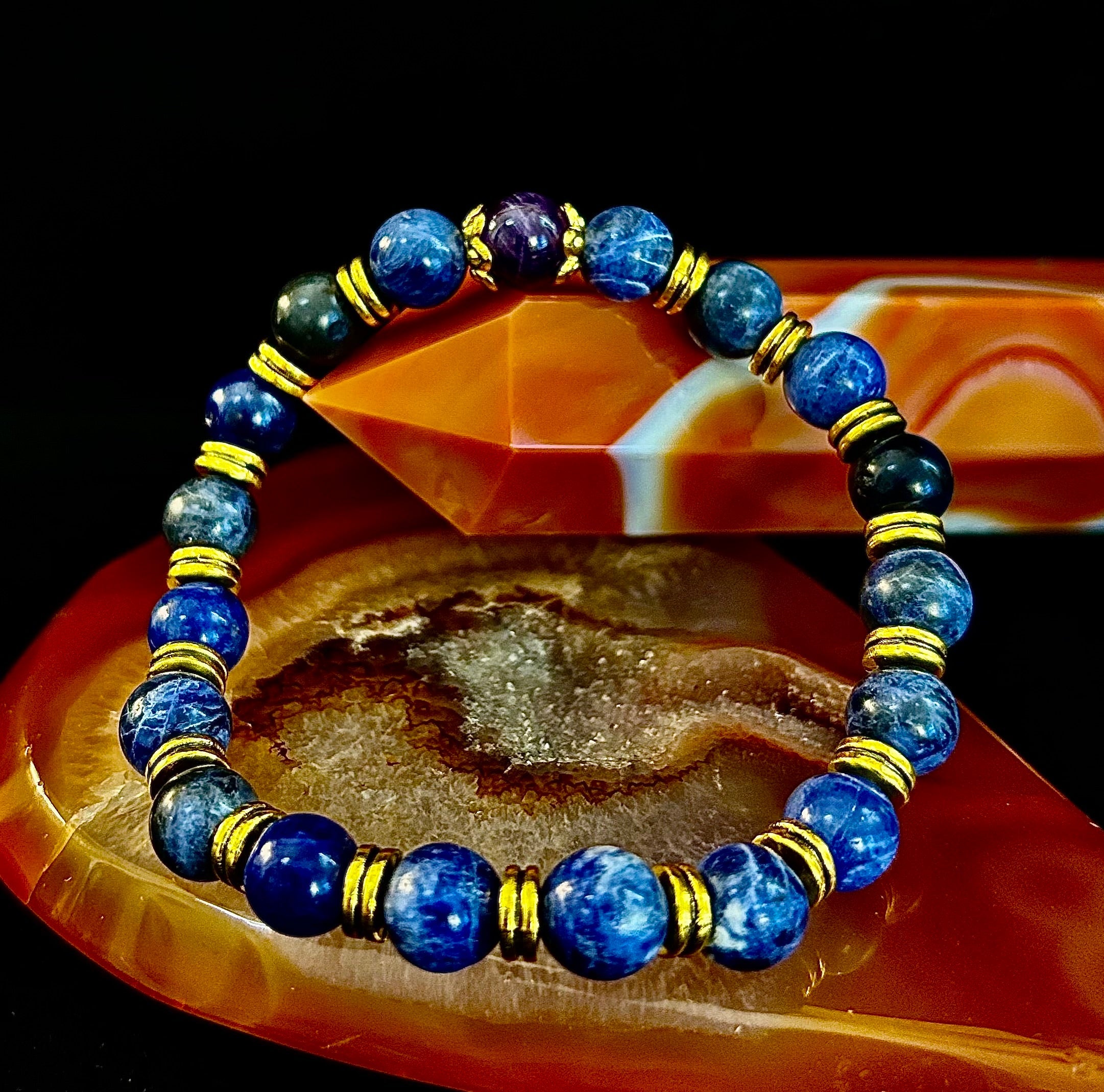 Reiki-Infused ANXIETY SUPPORT Bracelet – Sodalite & Amethyst with Gold Accents