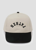 Neutral cream and black 5-panel trucker hat with upside down Father lettering embroidery