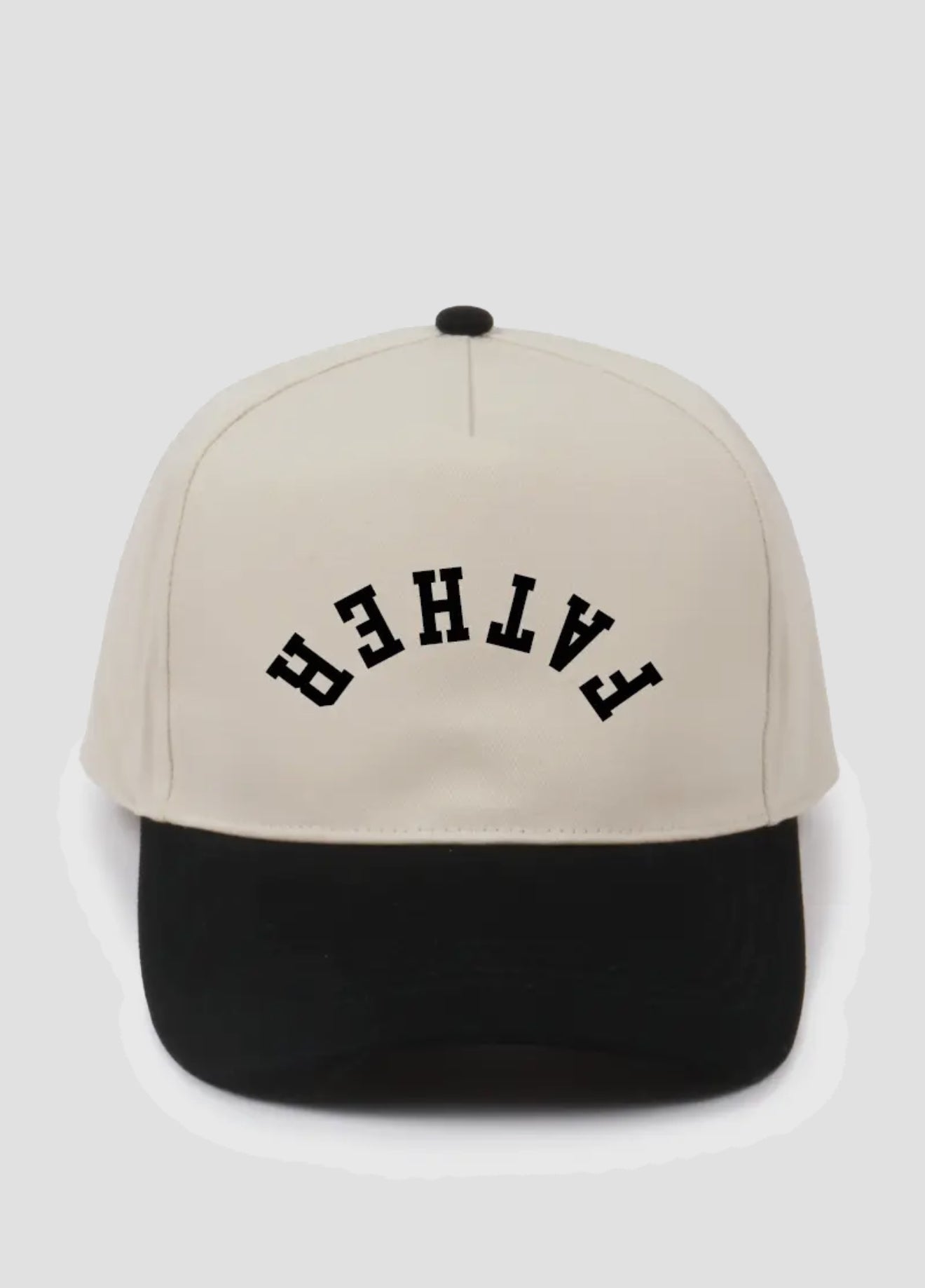 Neutral cream and black 5-panel trucker hat with upside down Father lettering embroidery