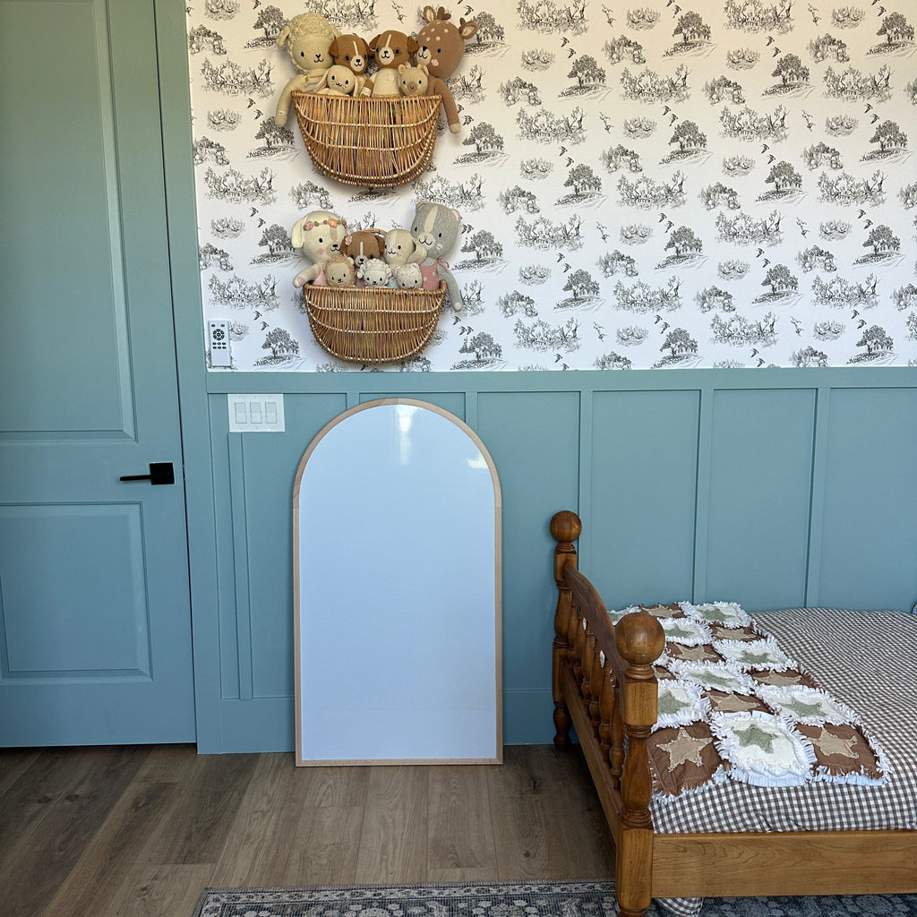 Ingalls wallpaper in white and charcoal-gray with a traditional cottagecore pattern