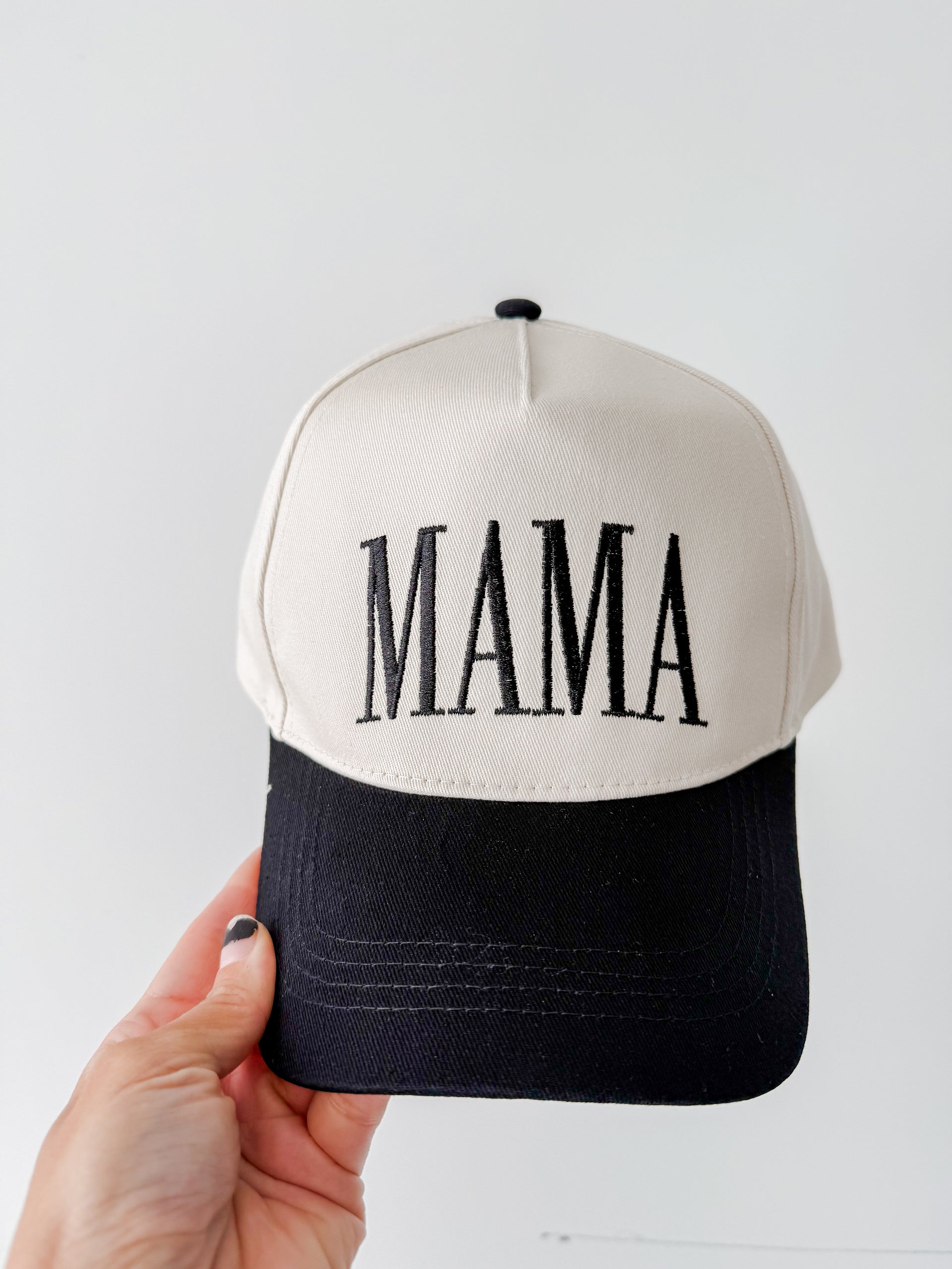 MAMA embroidered two-tone canvas 5-panel trucker hat with snapback closure