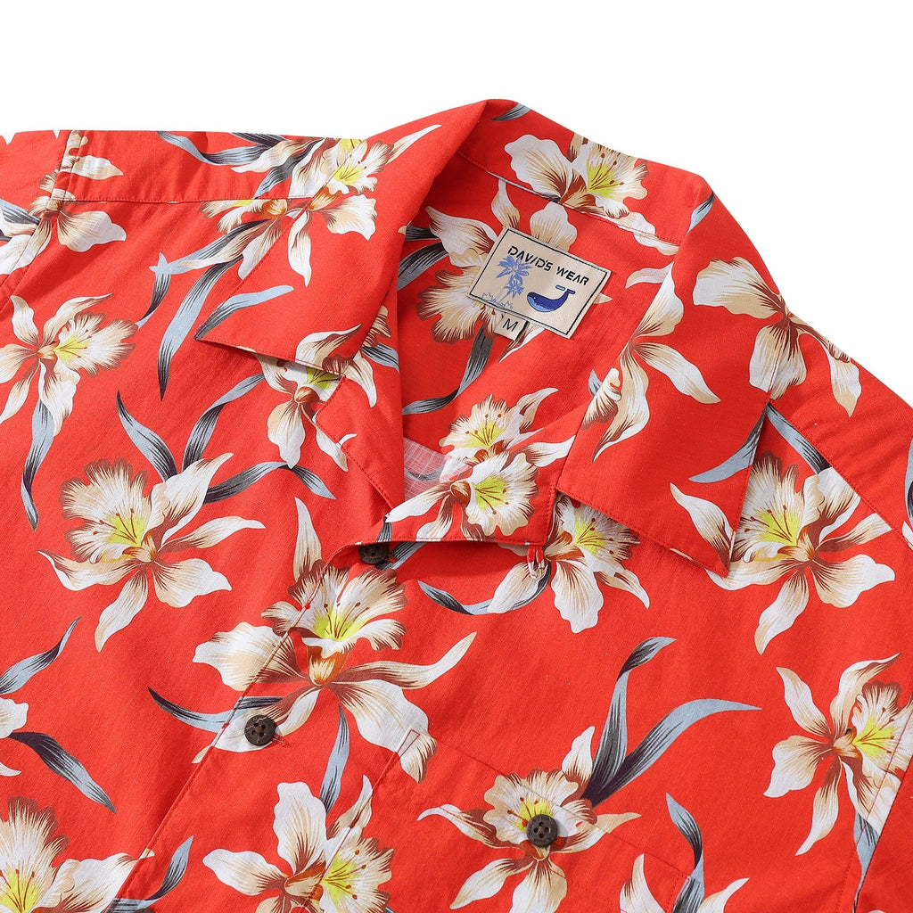 Men's Vintage Orchid Print Hawaiian Shirt - Red