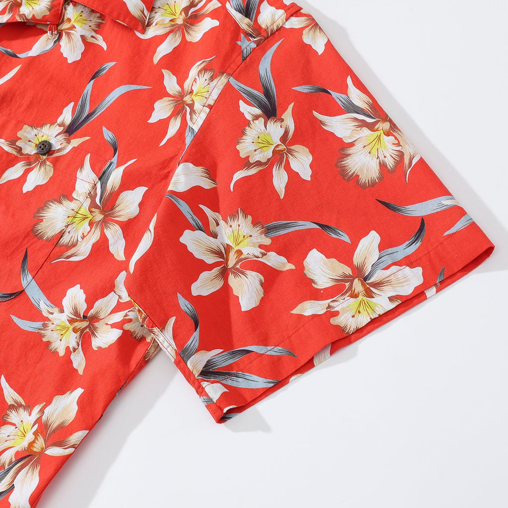 Men's Vintage Orchid Print Hawaiian Shirt - Red