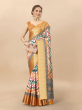 Multicolor zigzag print silk saree with gold zari border and matching blouse