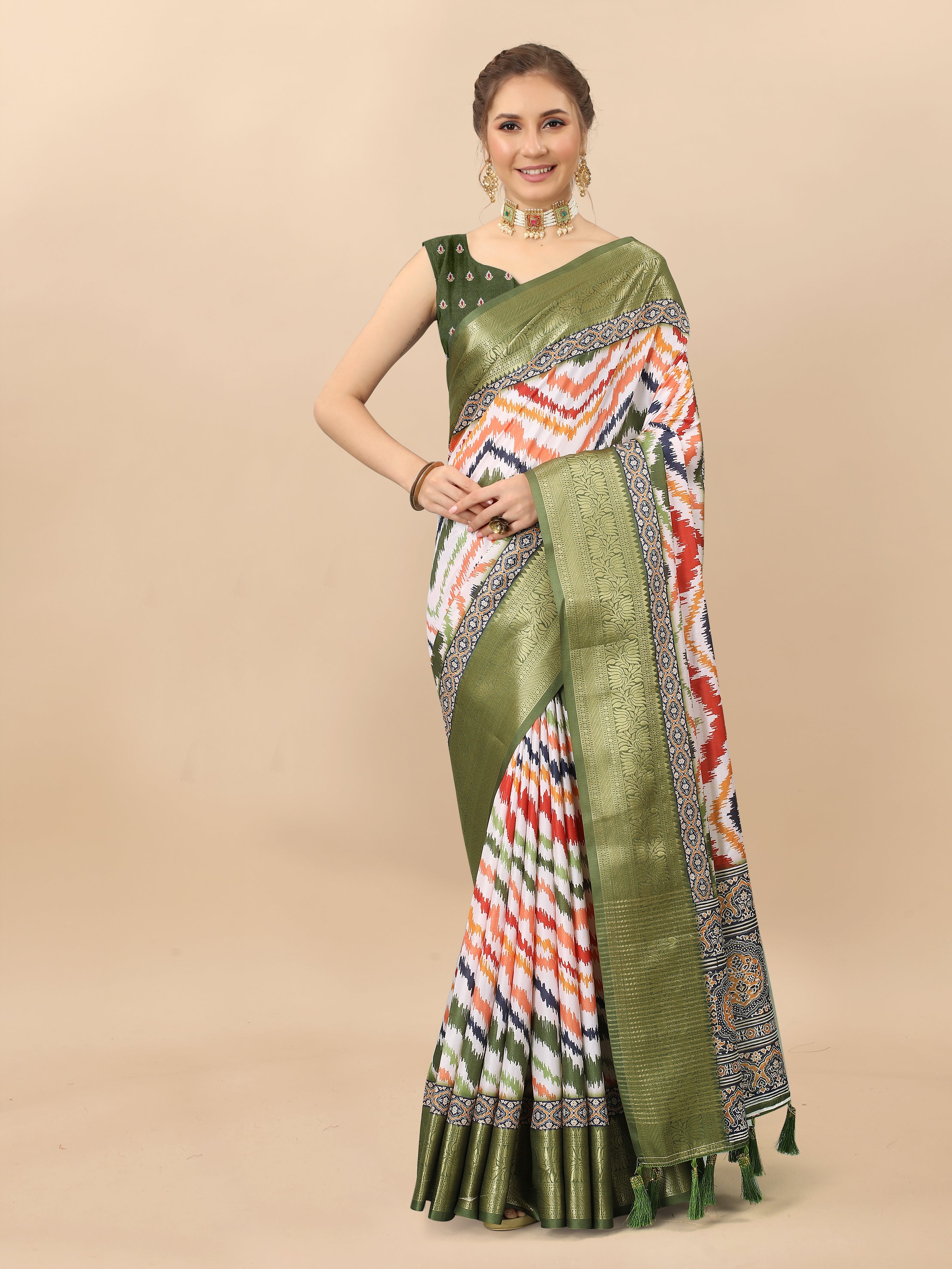 Multicolor silk saree featuring zigzag digital print and rich golden zari border with matching blouse
