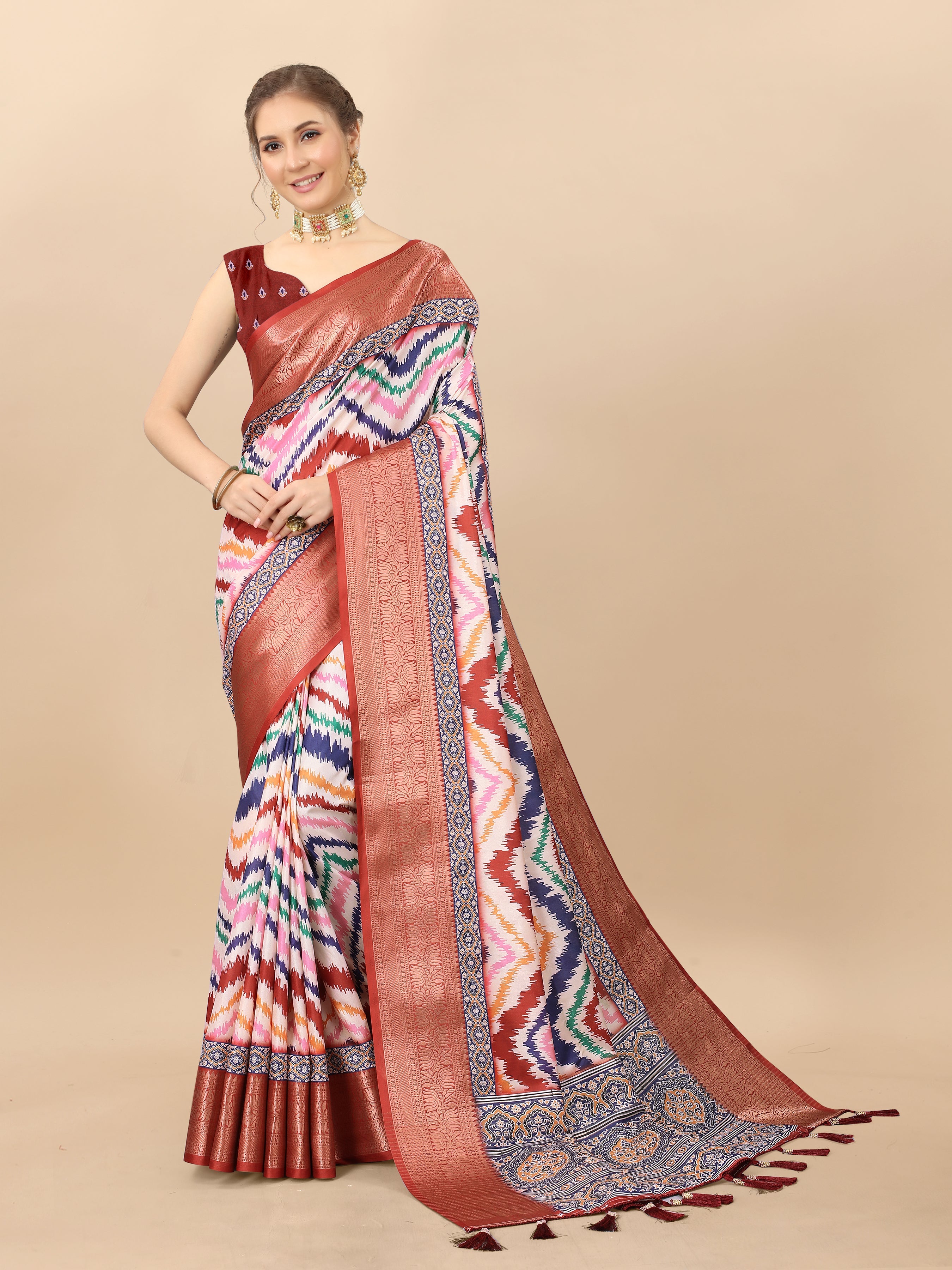 Multicolor zigzag print silk saree with rich gold zari border and traditional pallu