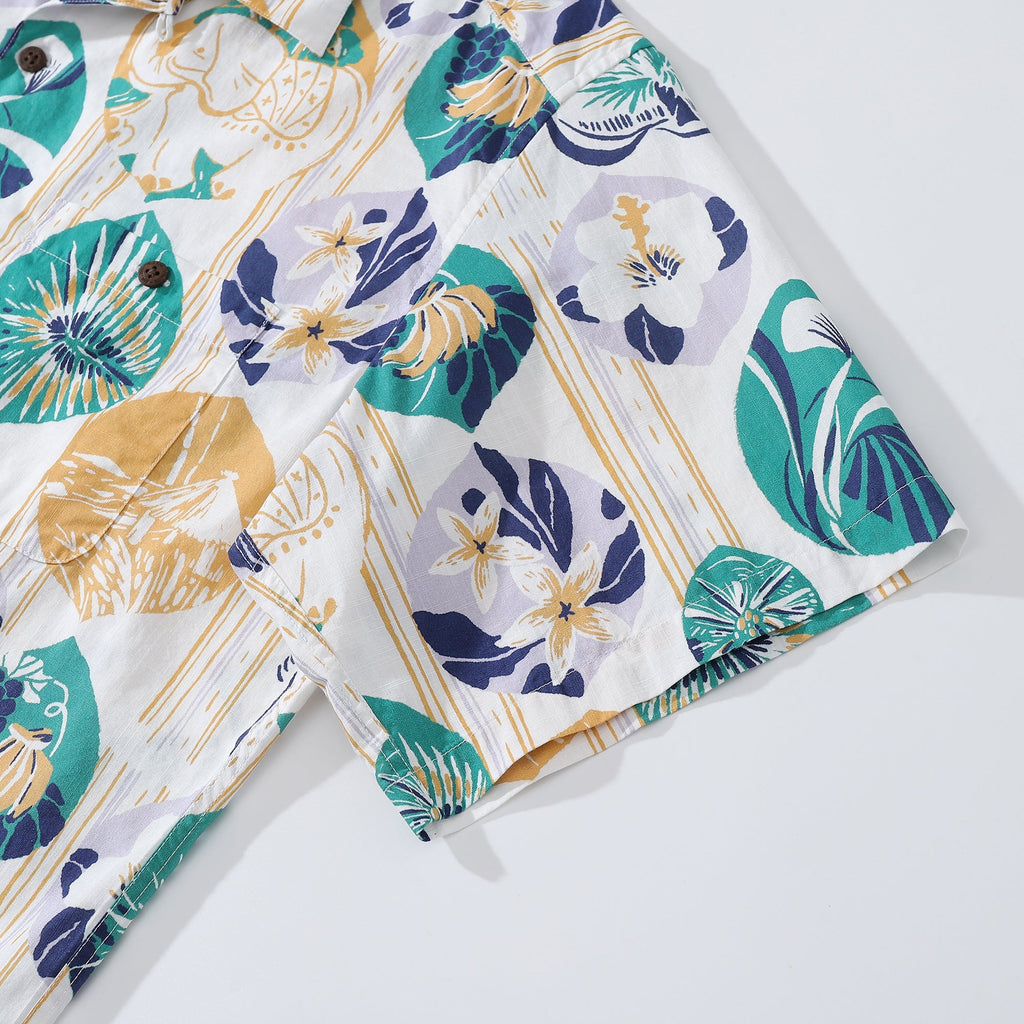 Striped Base Vintage Tropical Flower Print Hawaiian Shirt