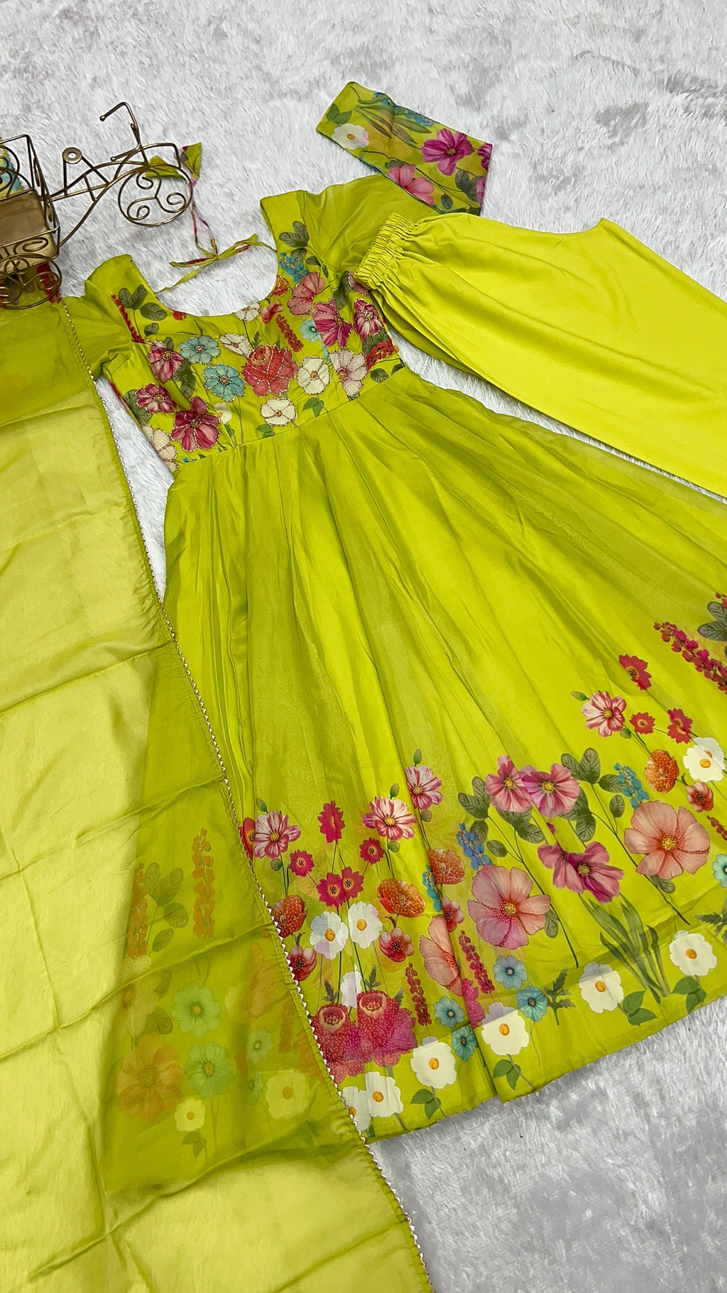 Green Floral Soft Organza Silk Anarkali Pant and Dupatta Set