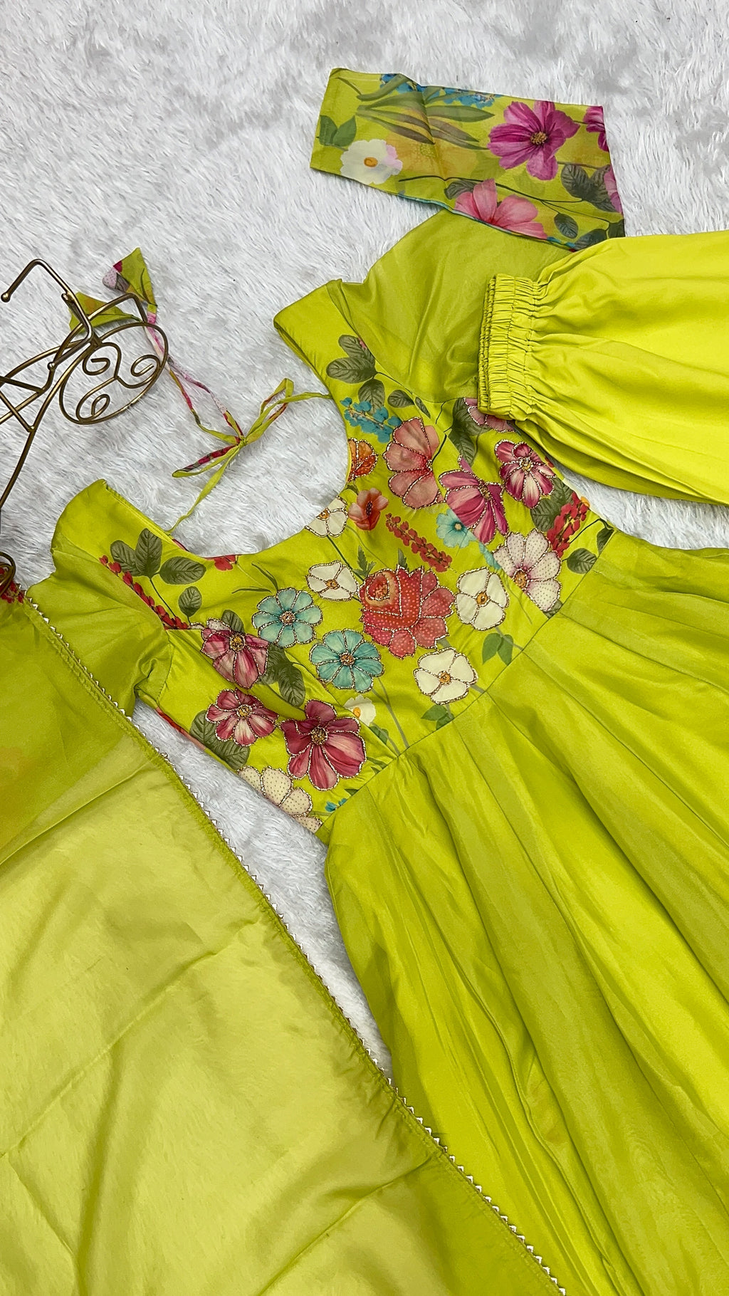 Green Floral Soft Organza Silk Anarkali Pant and Dupatta Set