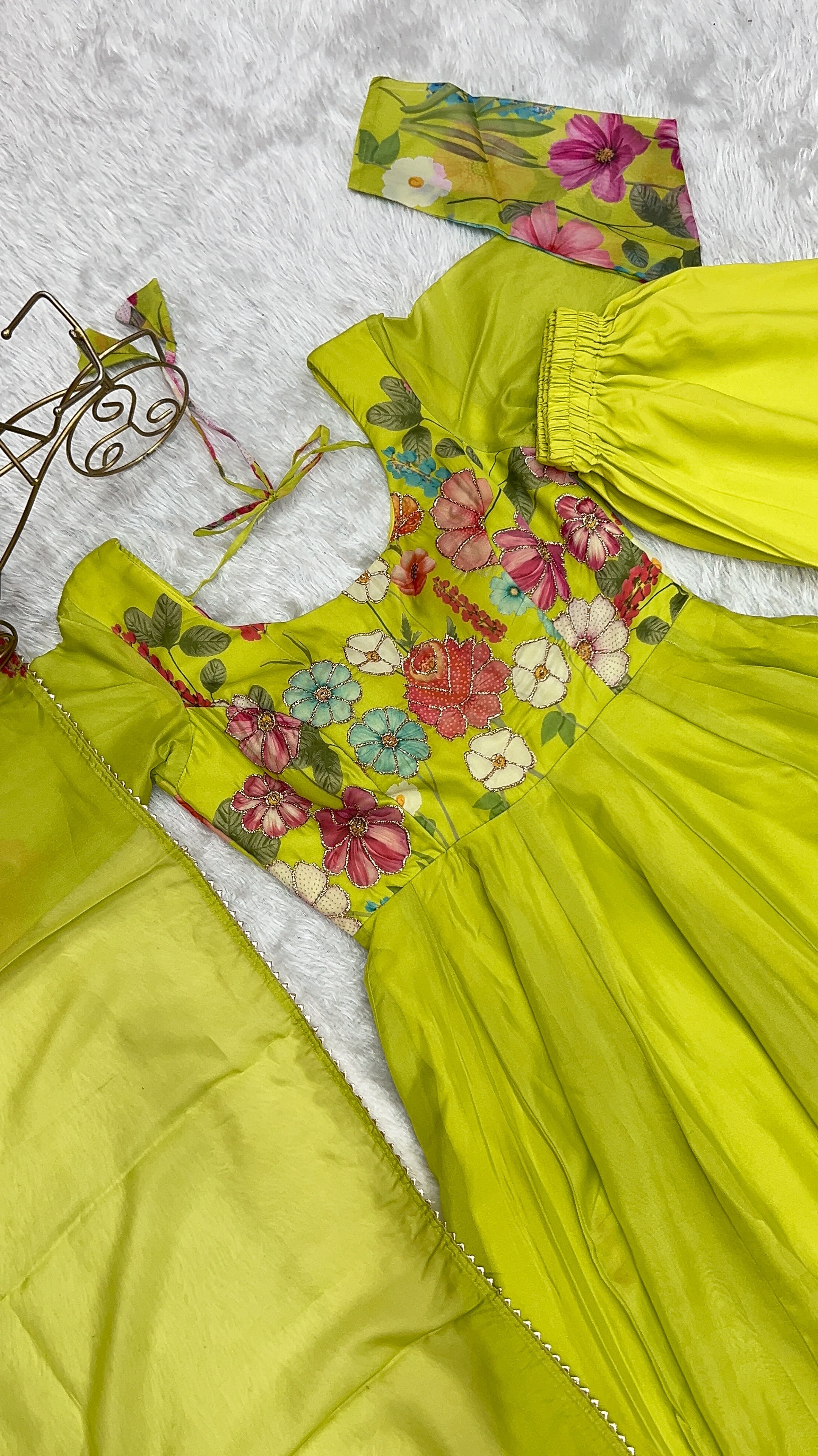 Green Floral Soft Organza Silk Anarkali Pant and Dupatta Set