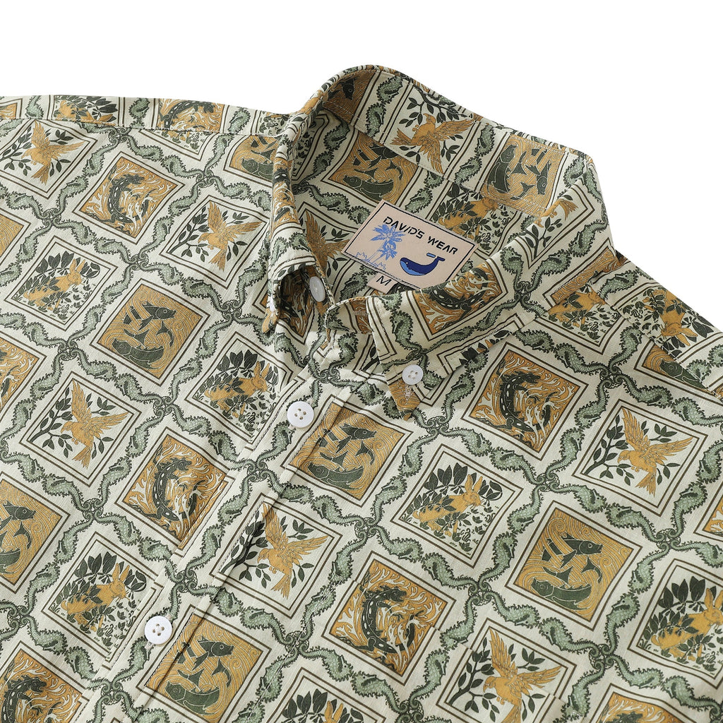 Men's Seahorse Grid Print Hawaiian Cotton Short Sleeve Shirt
