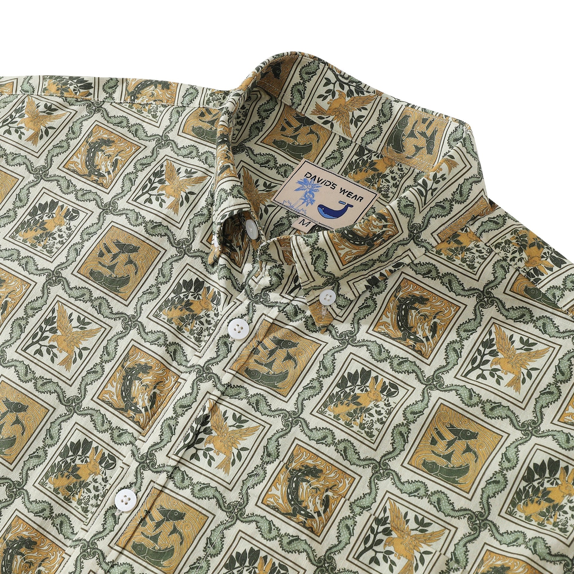 Men's Seahorse Grid Print Hawaiian Cotton Short Sleeve Shirt