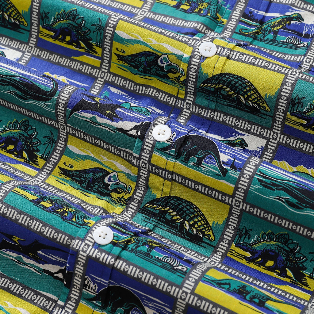 Men's Retro Dinosaur Print Cotton Camp Collar Shirt