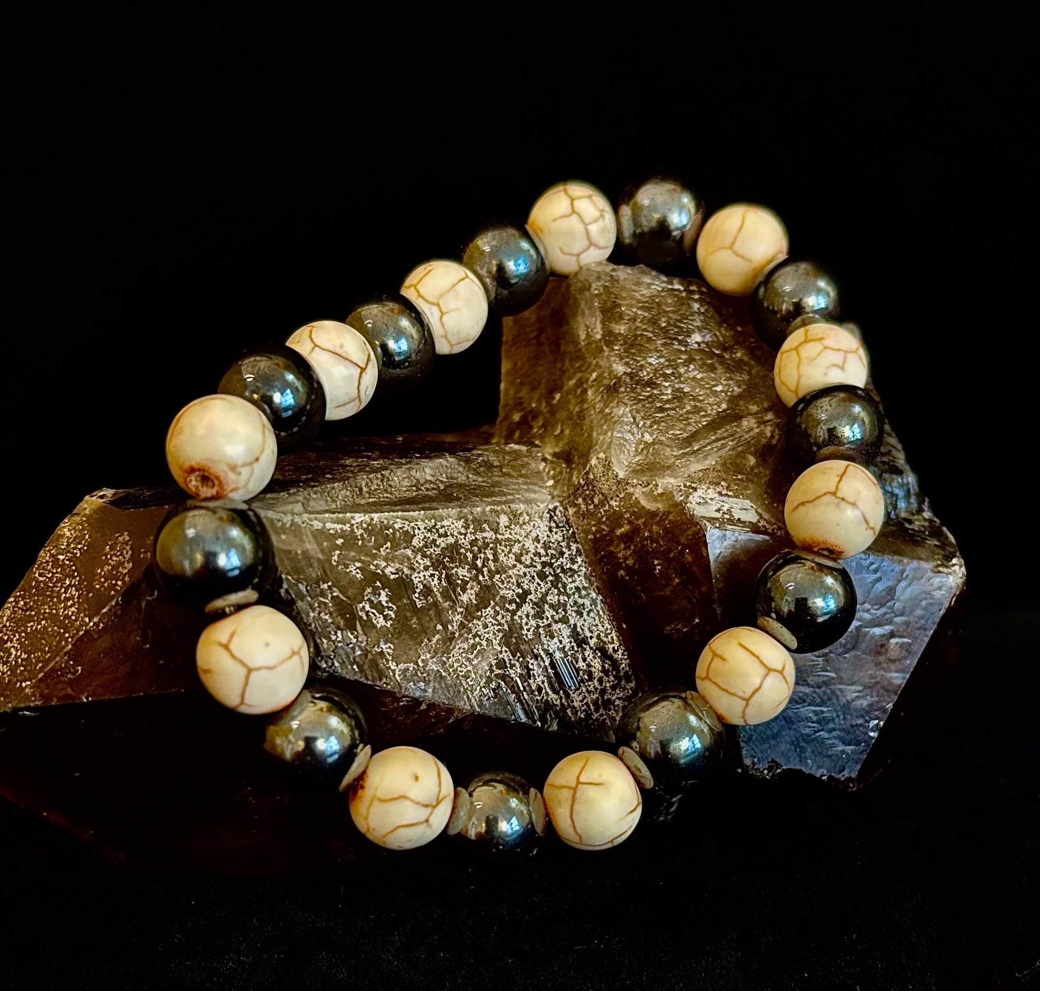 Black and White Hematite Stone Bracelet for Large Wrists