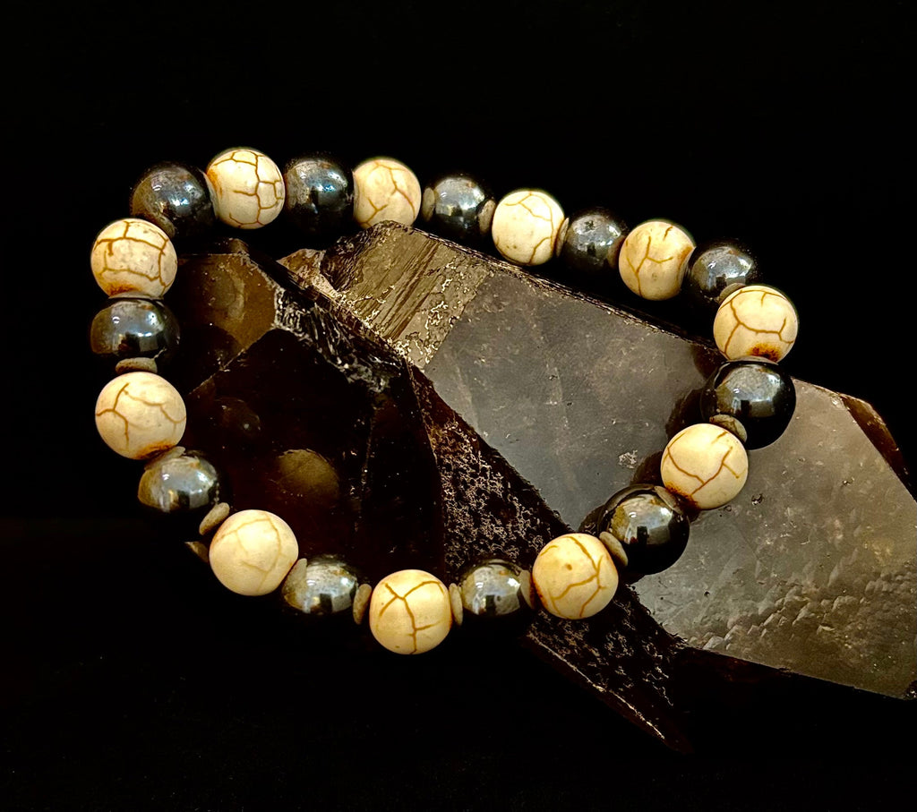 Black and White Hematite Stone Bracelet for Large Wrists