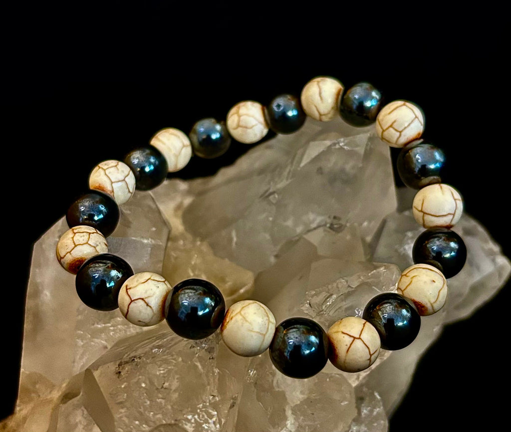 Black and White Hematite Stone Bracelet for Large Wrists