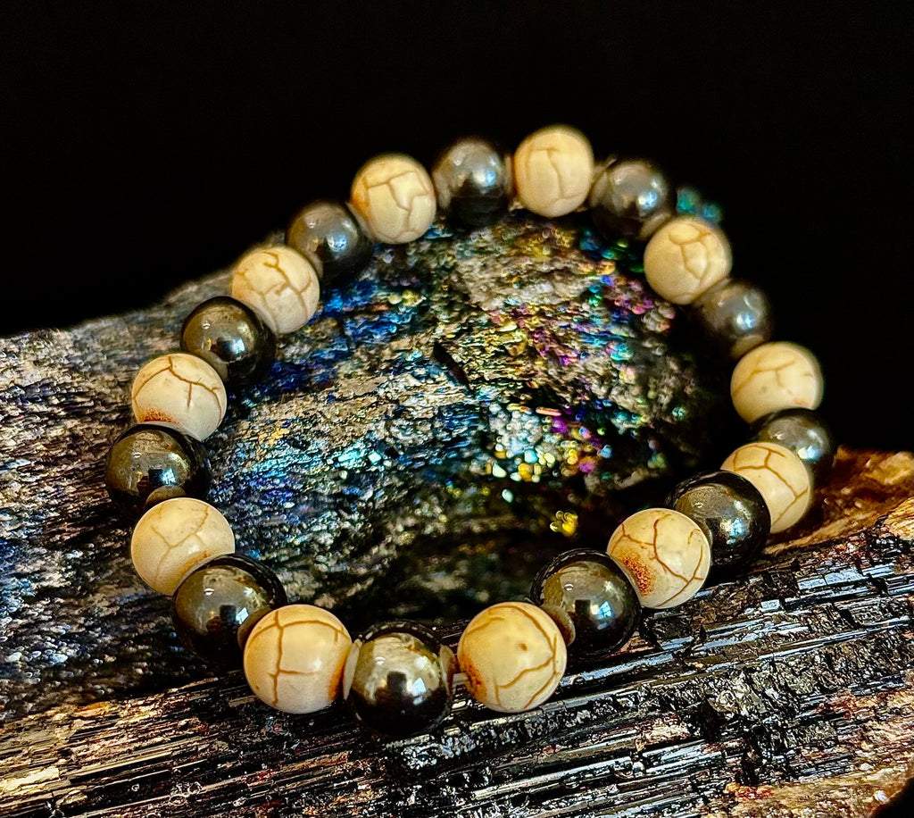 Black and White Hematite Stone Bracelet for Large Wrists