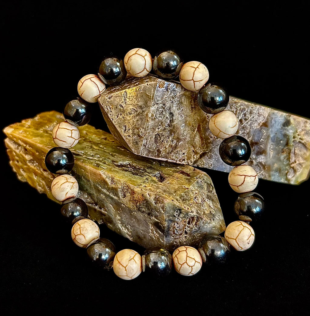 Black and White Hematite Stone Bracelet for Large Wrists