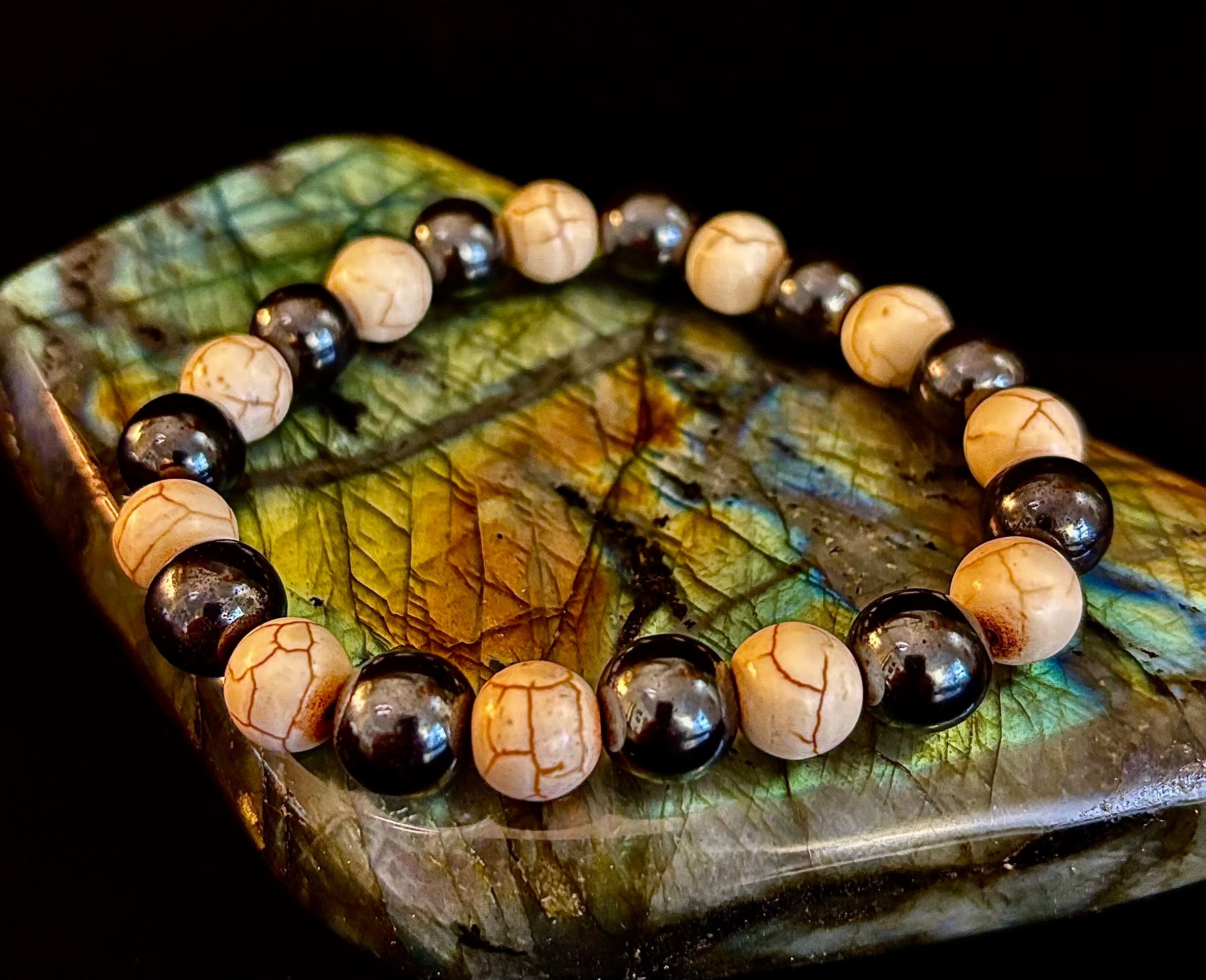 Black and White Hematite Stone Bracelet for Large Wrists