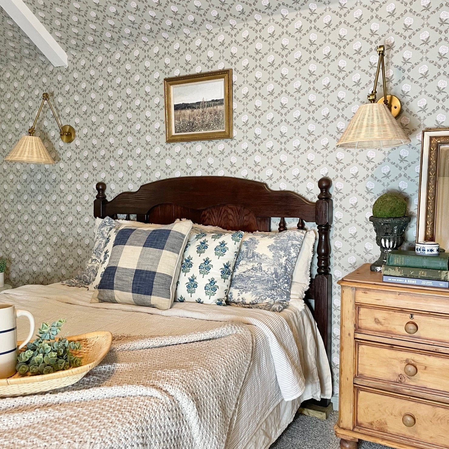Elise floral wallpaper featuring navy blue, sage green, and dusty pink flowers