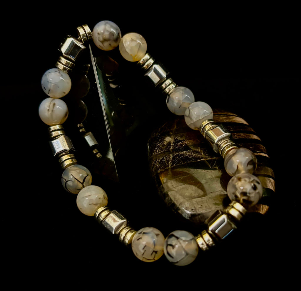 Dragon Vein Agate Bracelet with Silver Spacers - Large XL