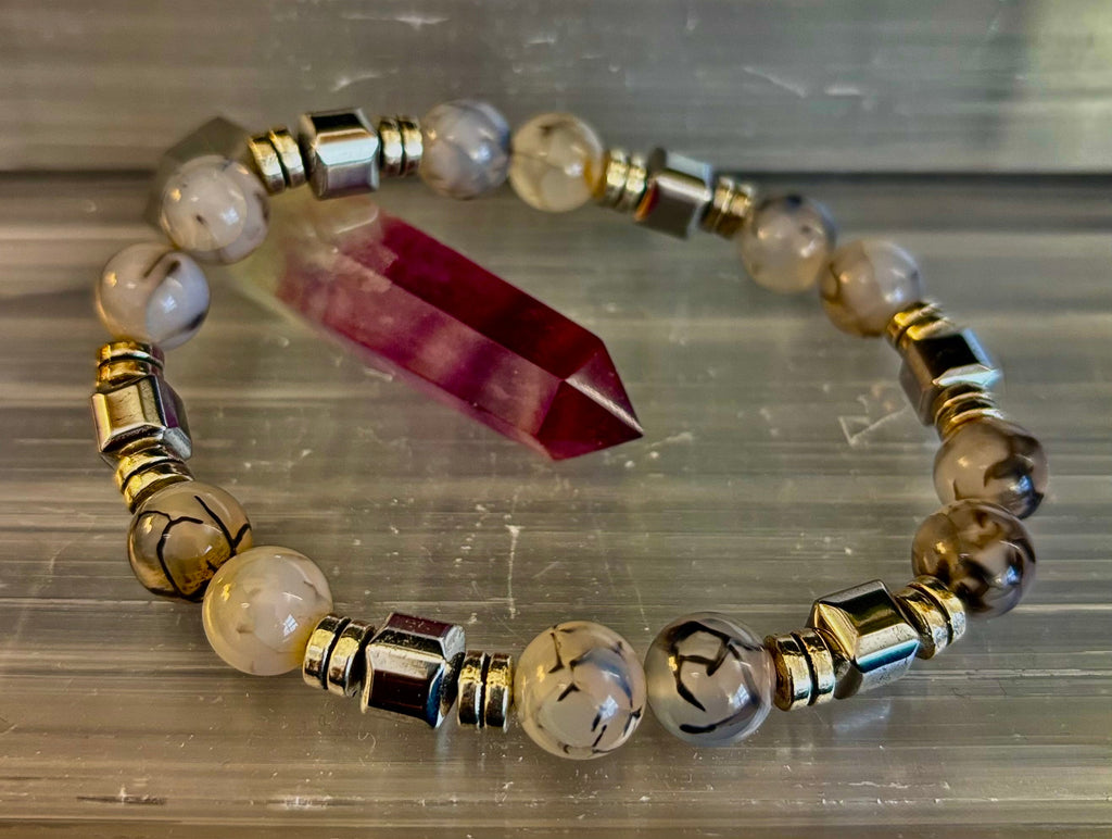 Dragon Vein Agate Bracelet with Silver Spacers - Large XL