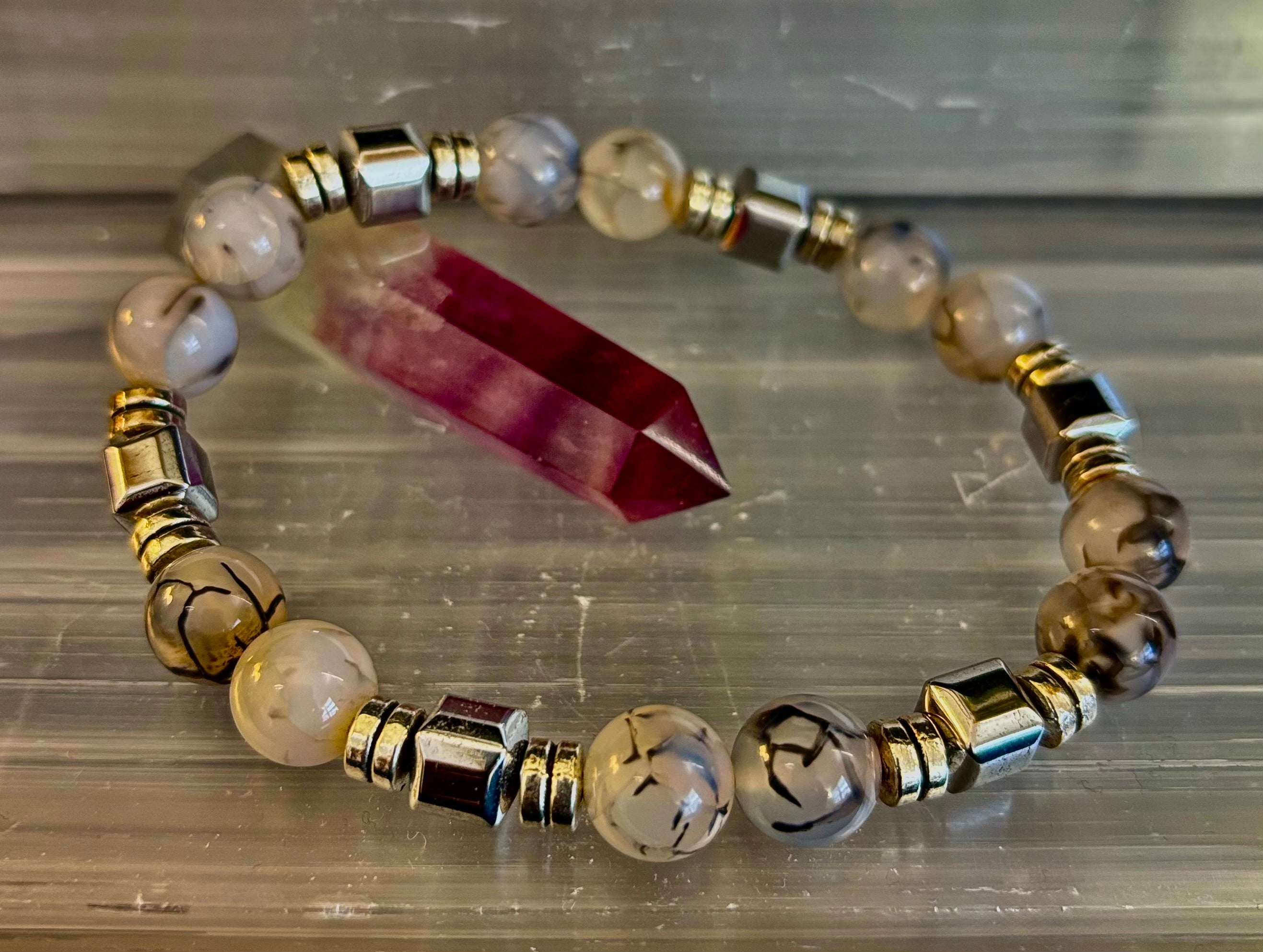 Dragon Vein Agate Bracelet with Silver Spacers - Large XL