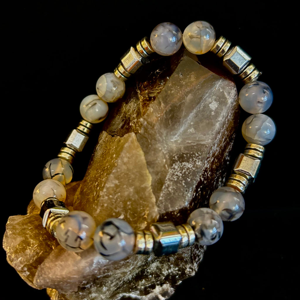 Dragon Vein Agate Bracelet with Silver Spacers - Large XL