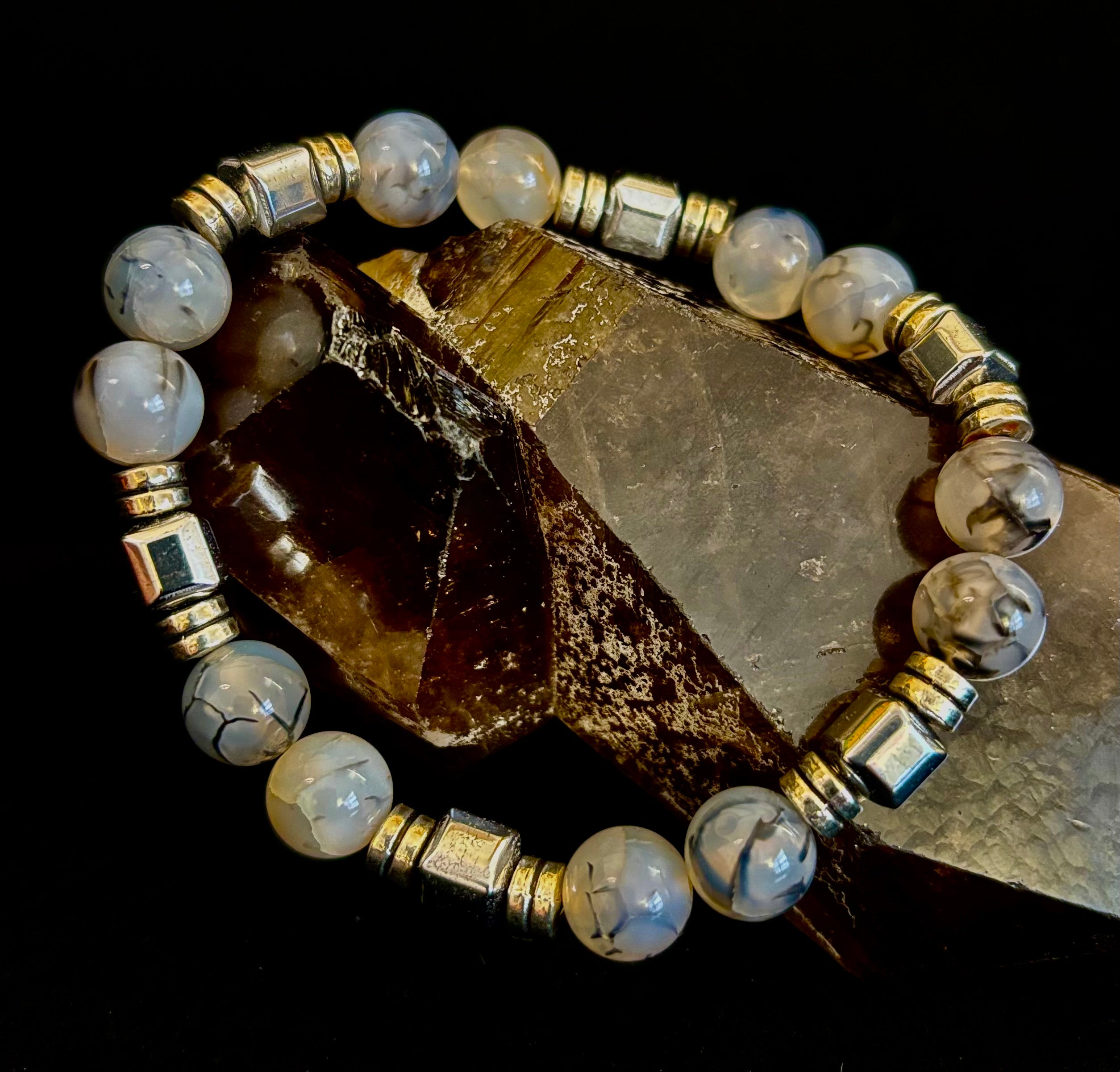 Dragon Vein Agate Bracelet with Silver Spacers - Large XL