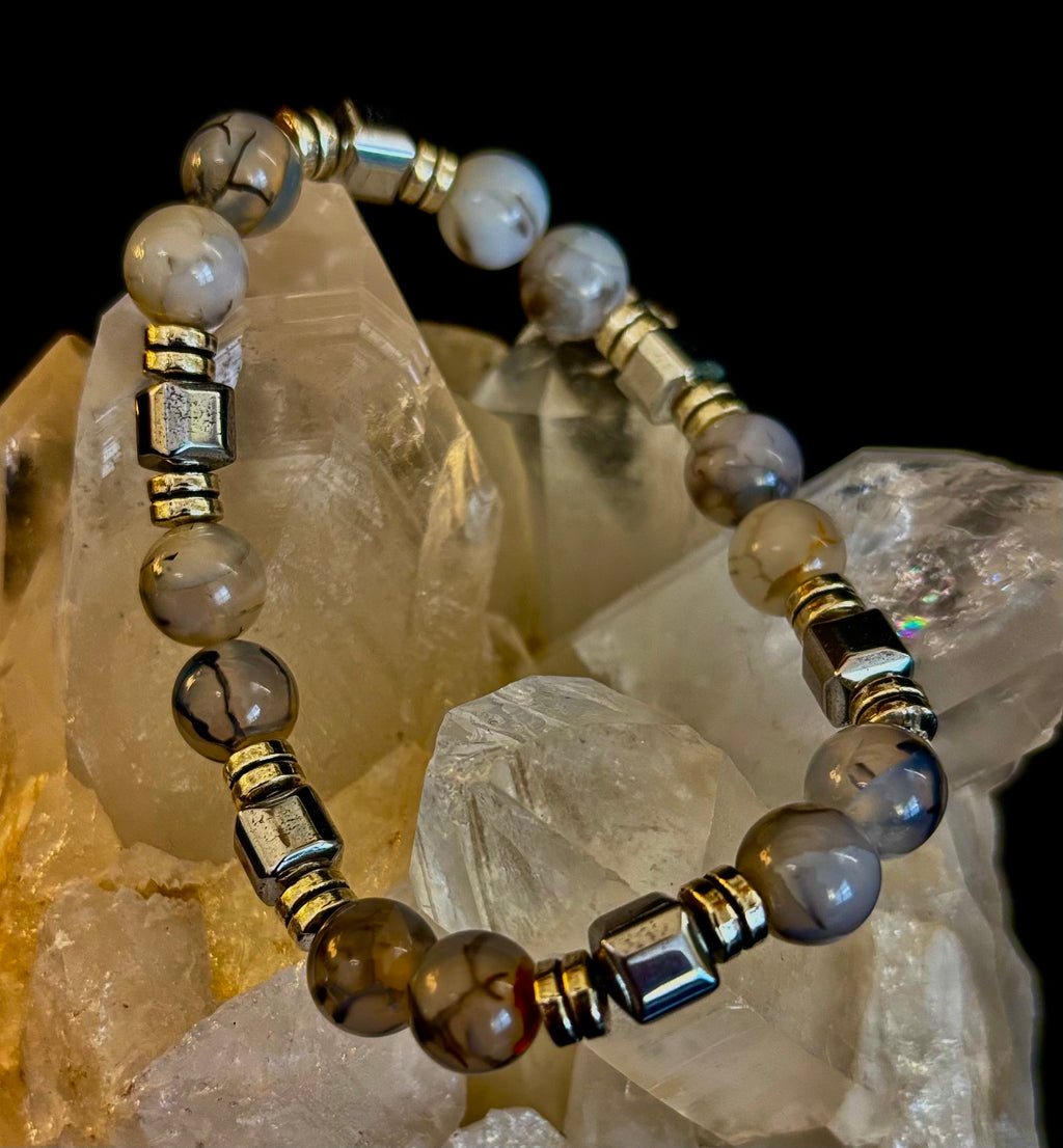 Dragon Vein Agate Bracelet with Silver Spacers - Large XL