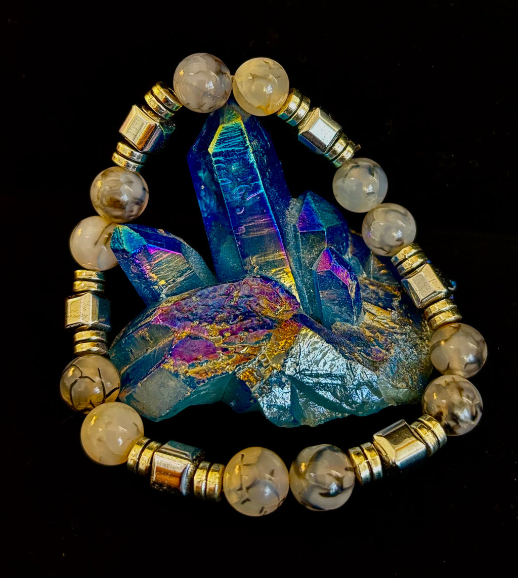 Dragon Vein Agate Bracelet with Silver Spacers - Large XL