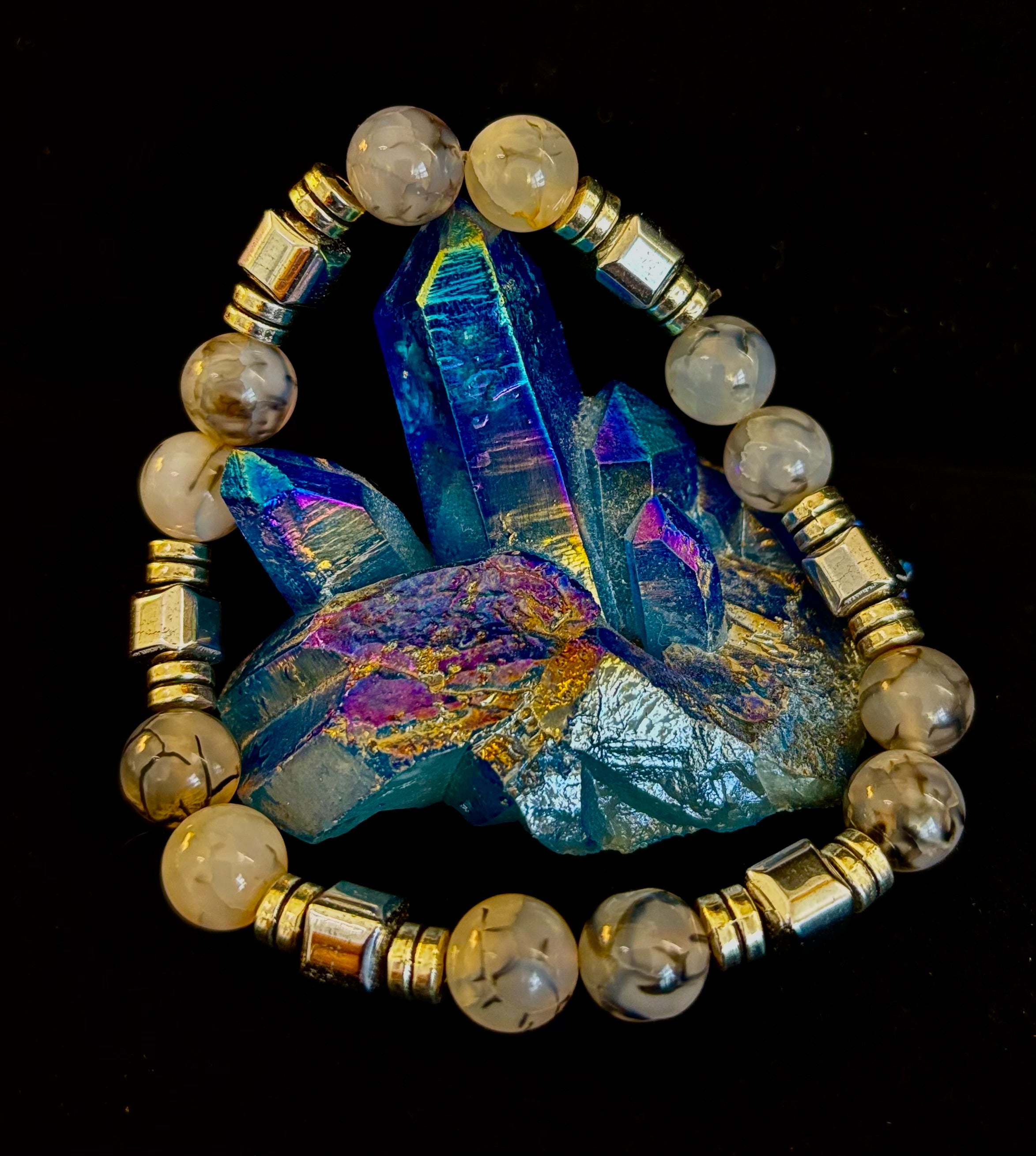 Dragon Vein Agate Bracelet with Silver Spacers - Large XL