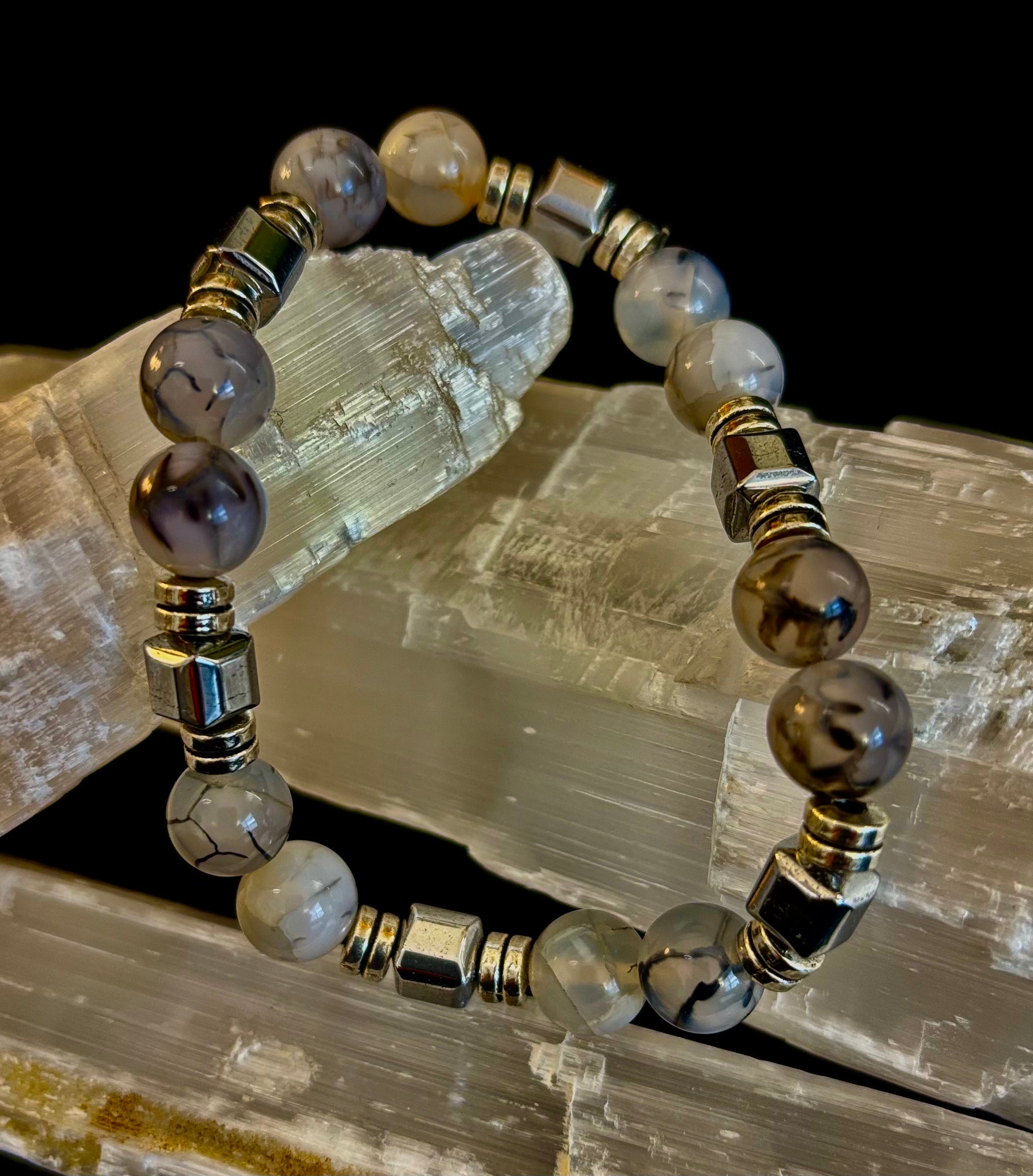 Dragon Vein Agate Bracelet with Silver Spacers - Large XL