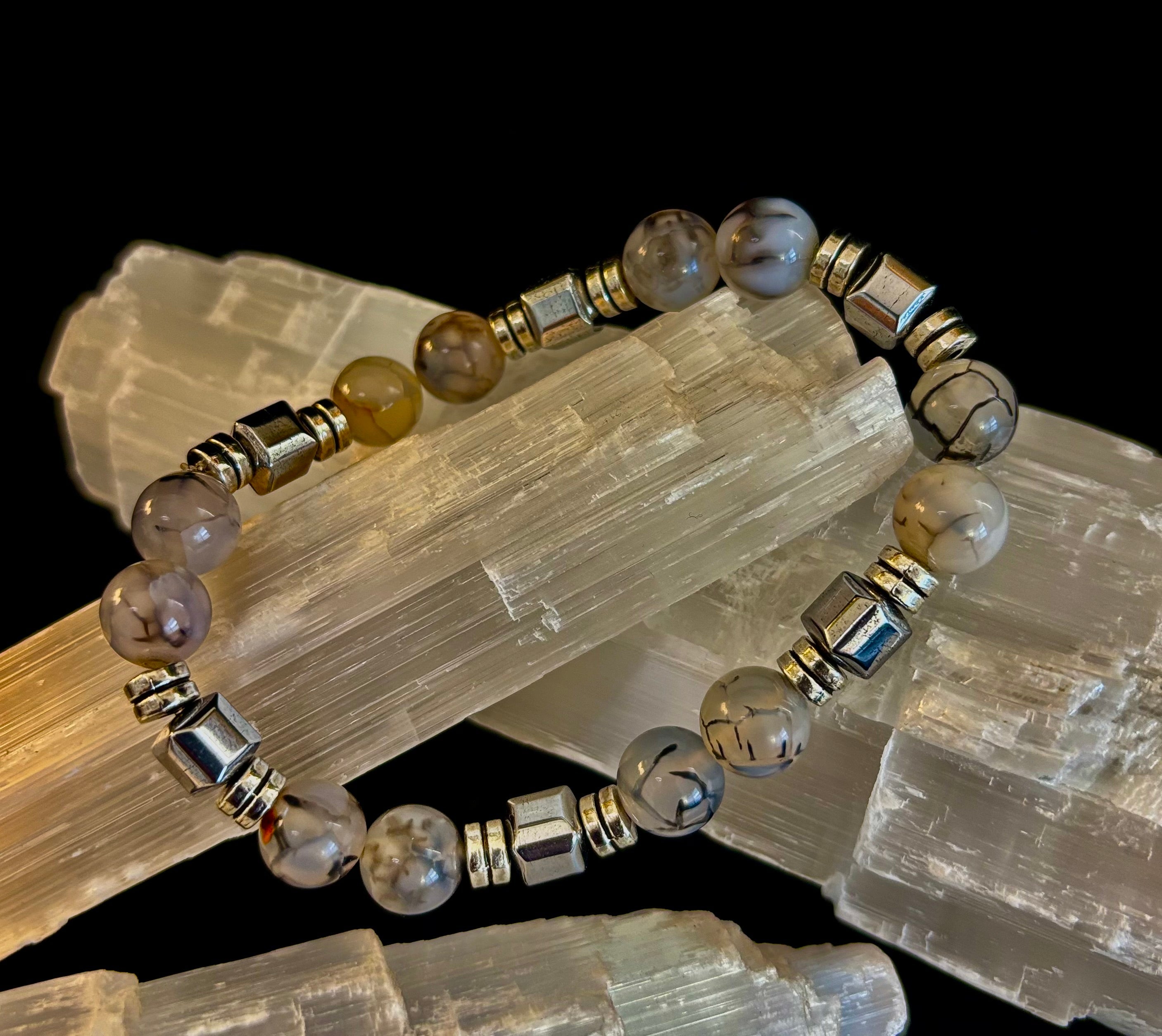 Dragon Vein Agate Bracelet with Silver Spacers - Large XL