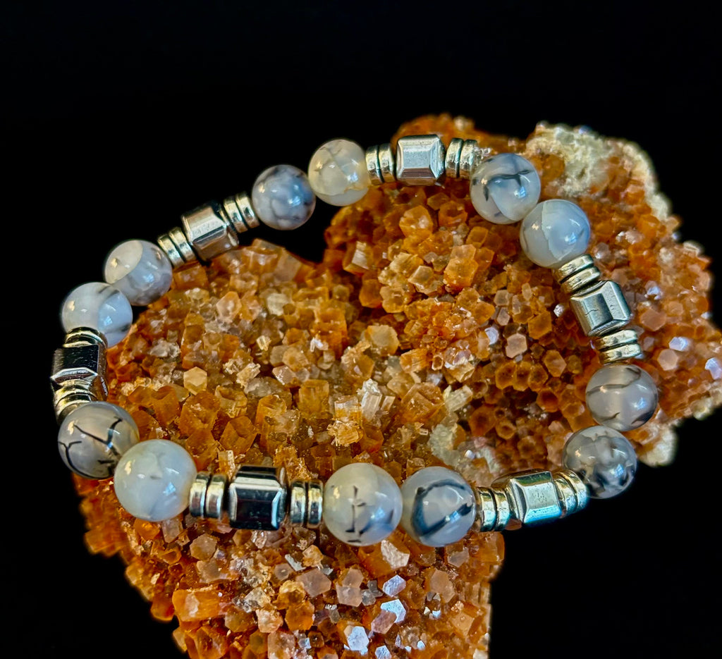 Dragon Vein Agate Bracelet with Silver Spacers - Large XL
