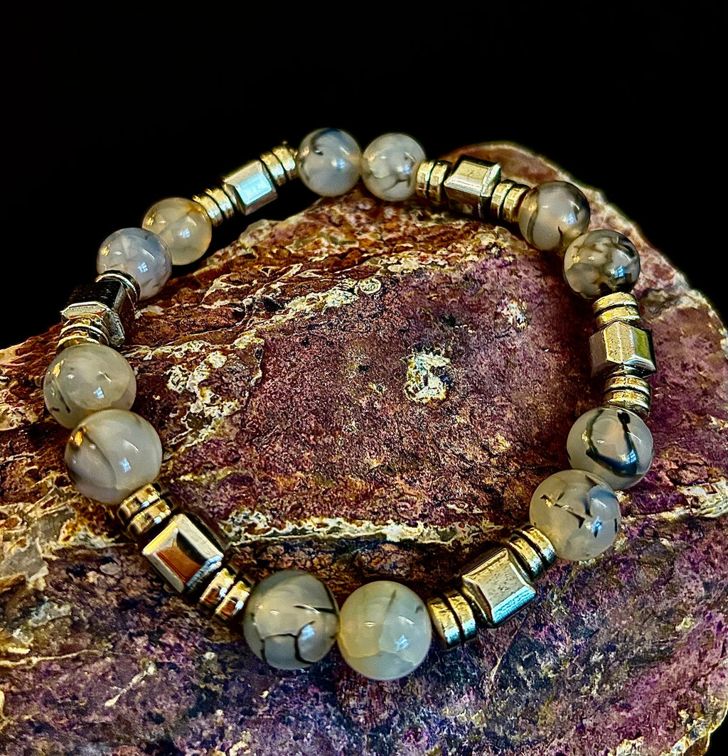 Dragon Vein Agate Bracelet with Silver Spacers - Large XL