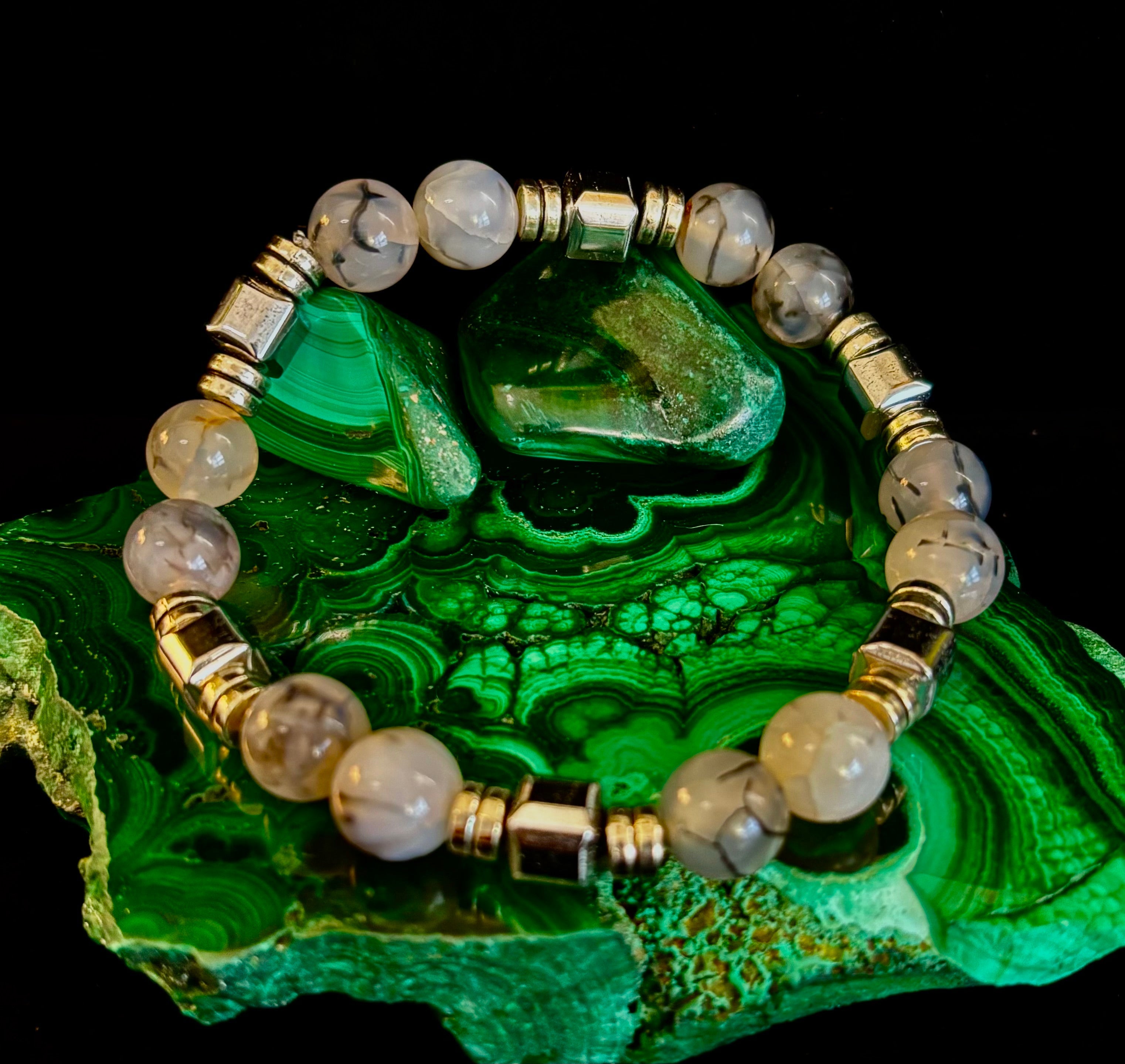 Dragon Vein Agate Bracelet with Silver Spacers - Large XL