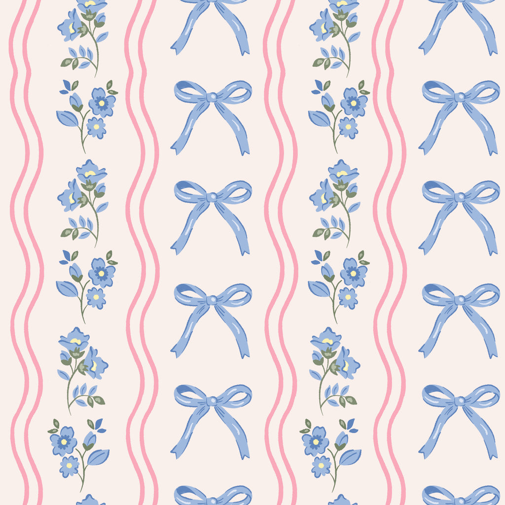 Amelia Bow Whimsical Nursery Wallpaper in Pink and Blue