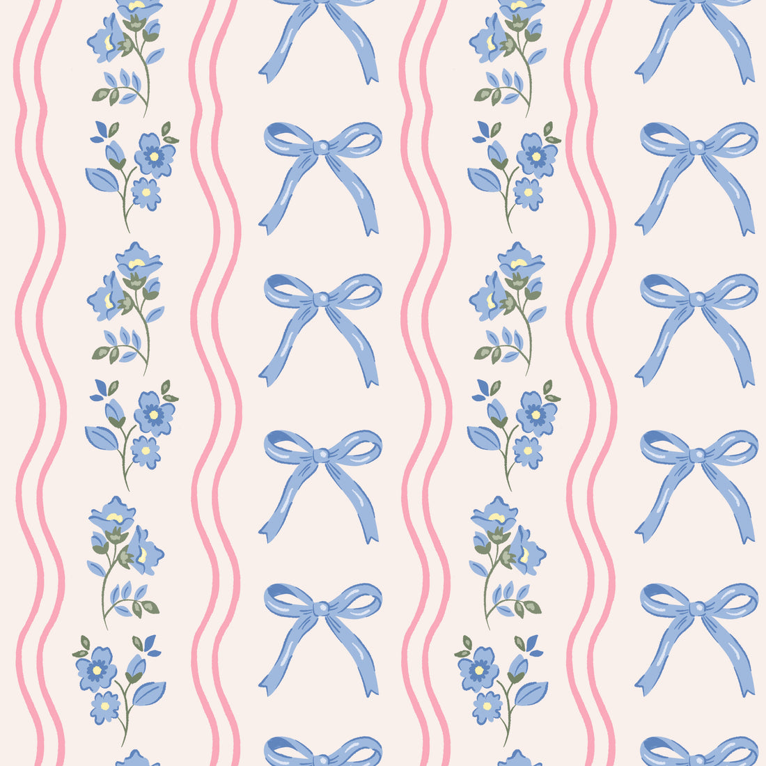 Amelia Bow Whimsical Nursery Wallpaper in Pink and Blue